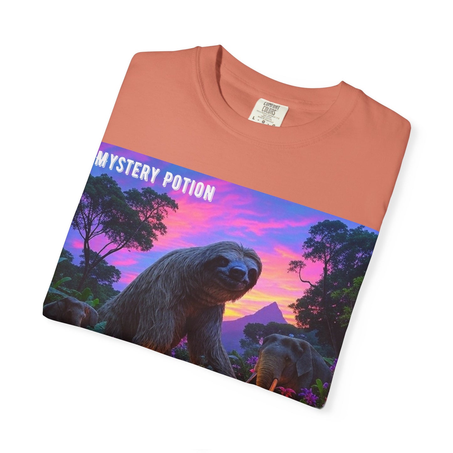 Mystery Potion's Giant Sloths and Mastodons Graphic T-Shirt | Unisex Garment-Dyed Tee for Nature Lovers, Unique Gift, Festival Wear, Prehistoric Design