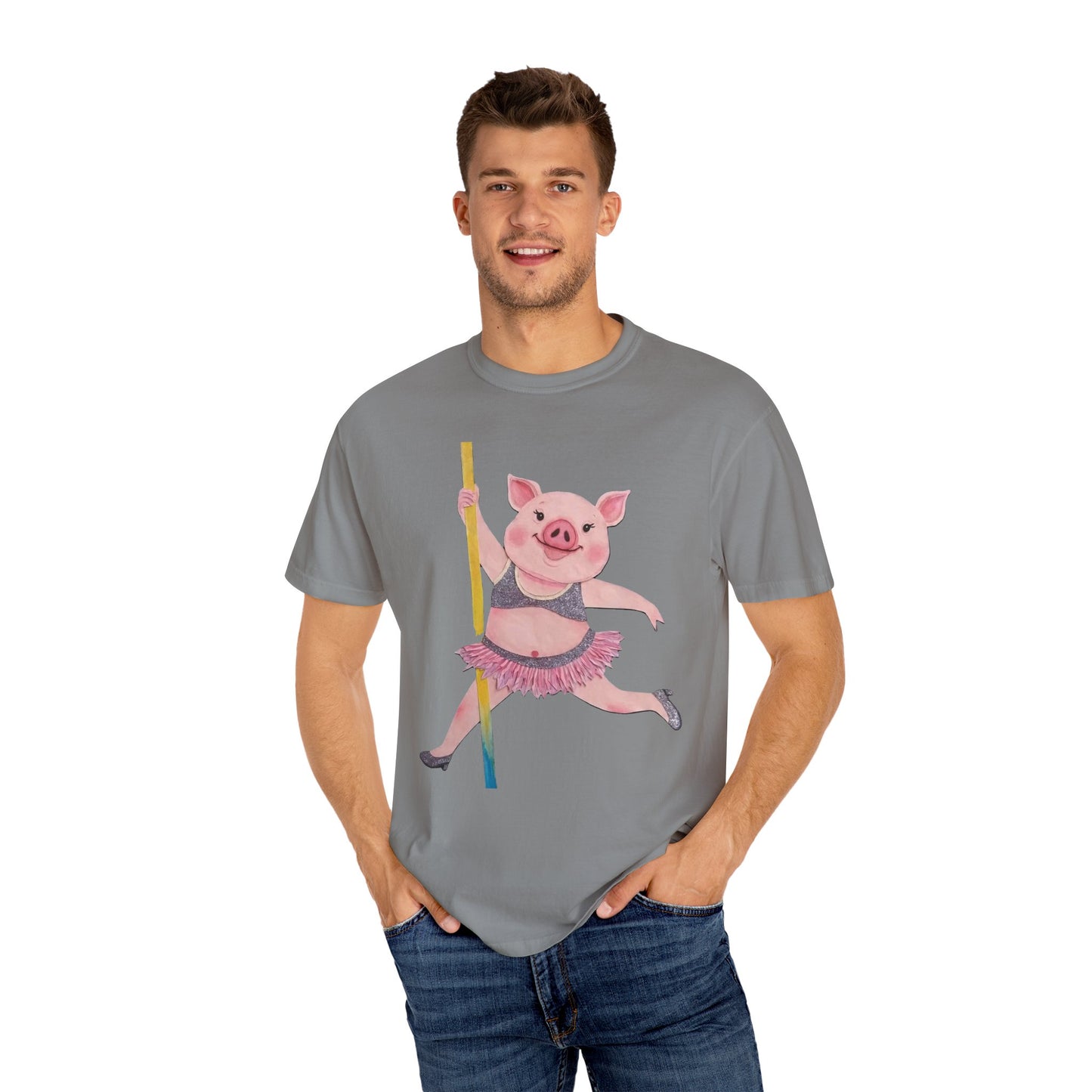 'Playful Pig' T-Shirt, Fun Graphic Tee, Animal Lover Gift, Unique Apparel, Funny T-Shirt, Cute Pig Shirt, Pole-Dancers and Pole Dancing Pig.