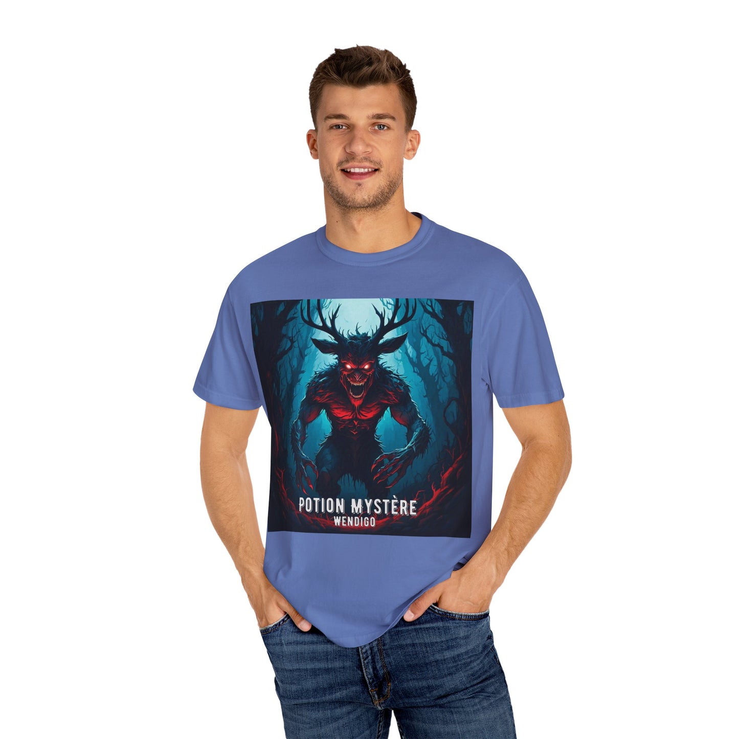 Mystical Wendigo T-Shirt, Unisex Garment-Dyed Tee, Potion Mystère Shirt, Halloween Apparel, Unique Graphic Tee