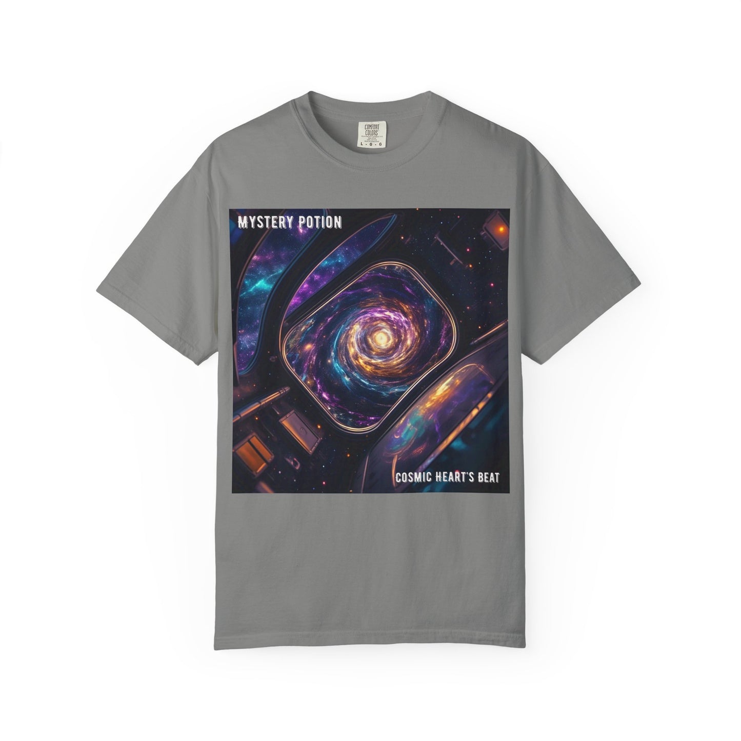 Cosmic Themed Mystery Potion Unisex Garment-Dyed T-shirt, Mystical Tee, Galaxy Shirt, Space Art Apparel, Unique Gift for Event Horizon Stargazers