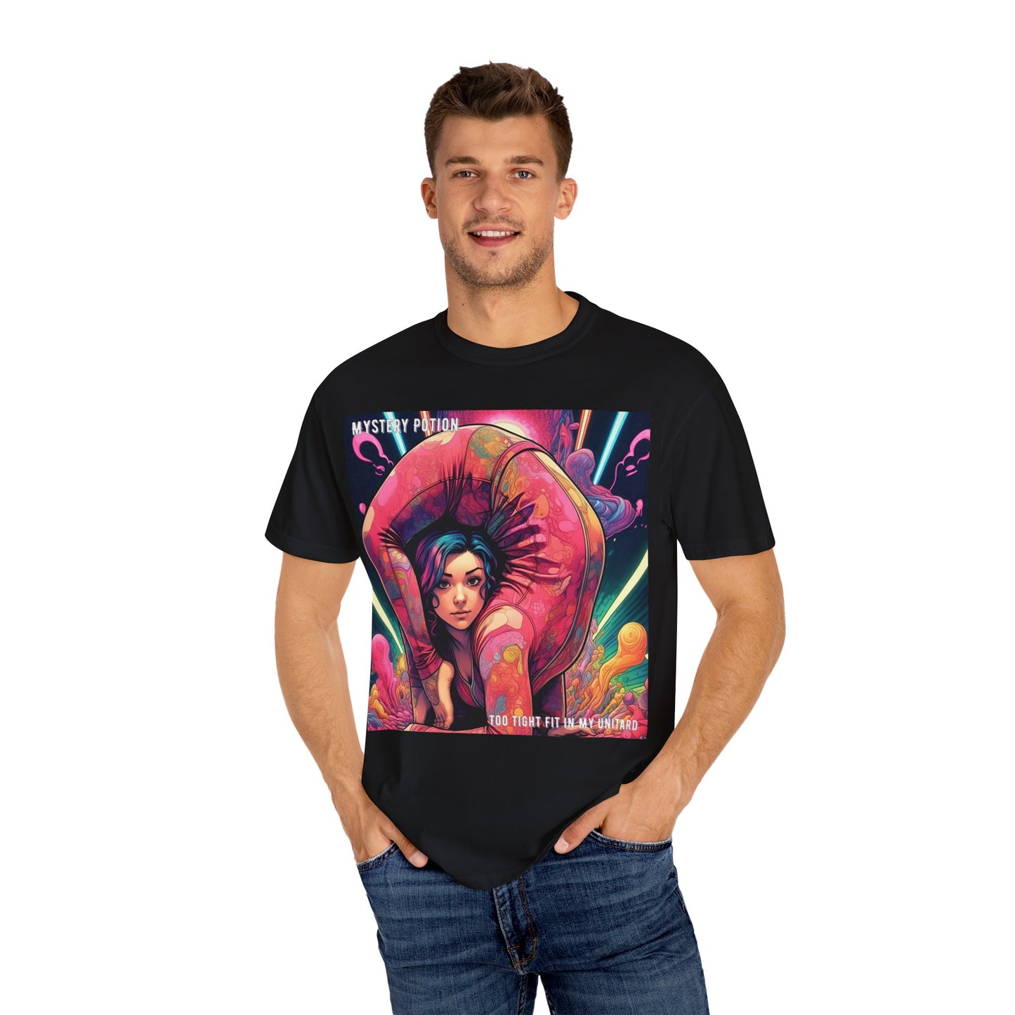 Mystery Potion Extreme Yoga Pose Unisex Garment-Dyed T-shirt, Artistic Tee, Vibrant Graphic Shirt, Unique Gift, Festival Wear, Comfortable Casual Top
