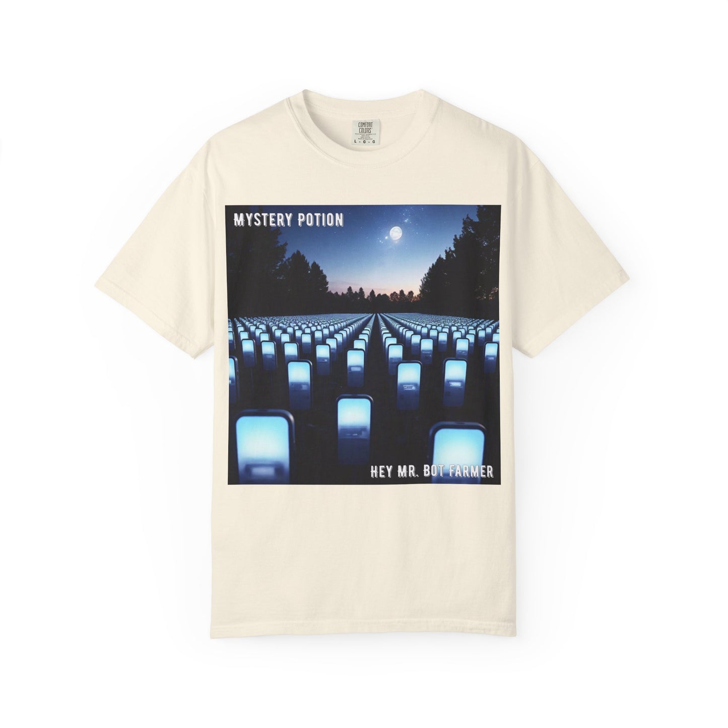 Mystery Potion "Hey Mr. Bot Farmer" Graphic T-Shirt, Unisex Vintage Tee, Perfect for Music Festivals, Casual Wear, Gifts for Him/Her
