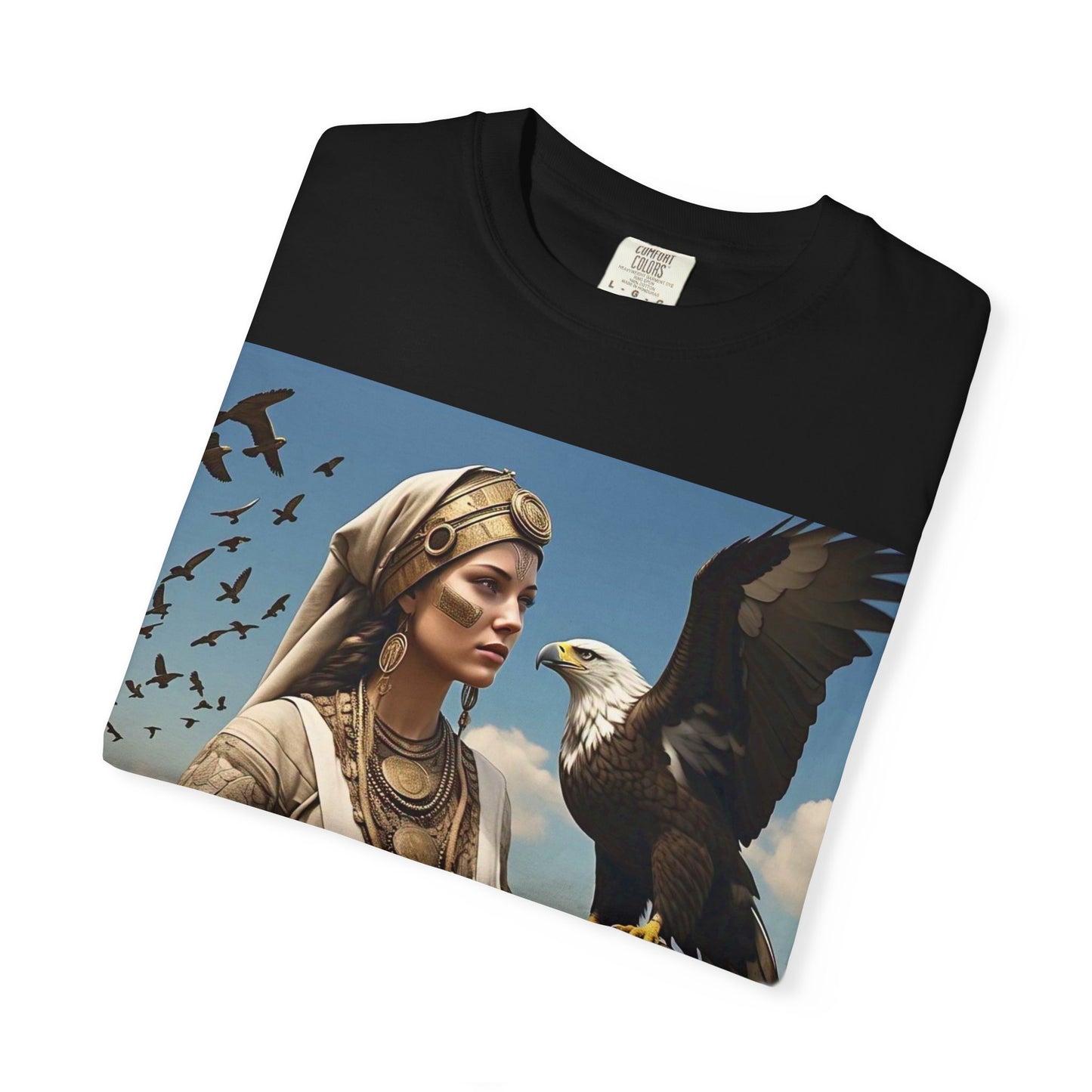 Empowered Eagle and Scythian Woman T-Shirt, Unisex Garment-Dyed Tee, Nature Lover Shirt, Gift for Bird Enthusiasts, Unique Graphic Tee