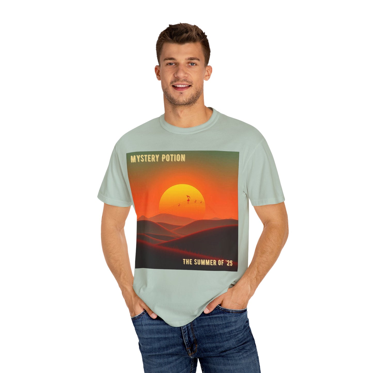 'The Summer of '25'  by Mystery Potion, Mystical Sunset T-Shirt - Unisex Garment-Dyed Tee, Retro Vibe, Bohemian Style, Summer Essential Swag