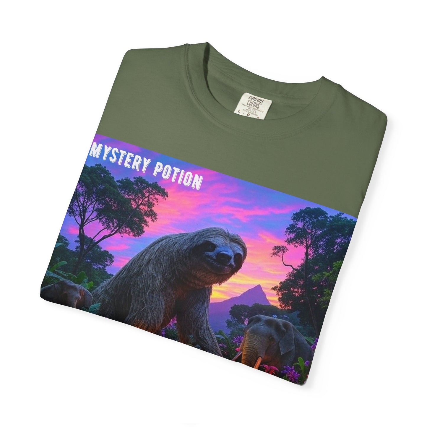 Mystery Potion's Giant Sloths and Mastodons Graphic T-Shirt | Unisex Garment-Dyed Tee for Nature Lovers, Unique Gift, Festival Wear, Prehistoric Design