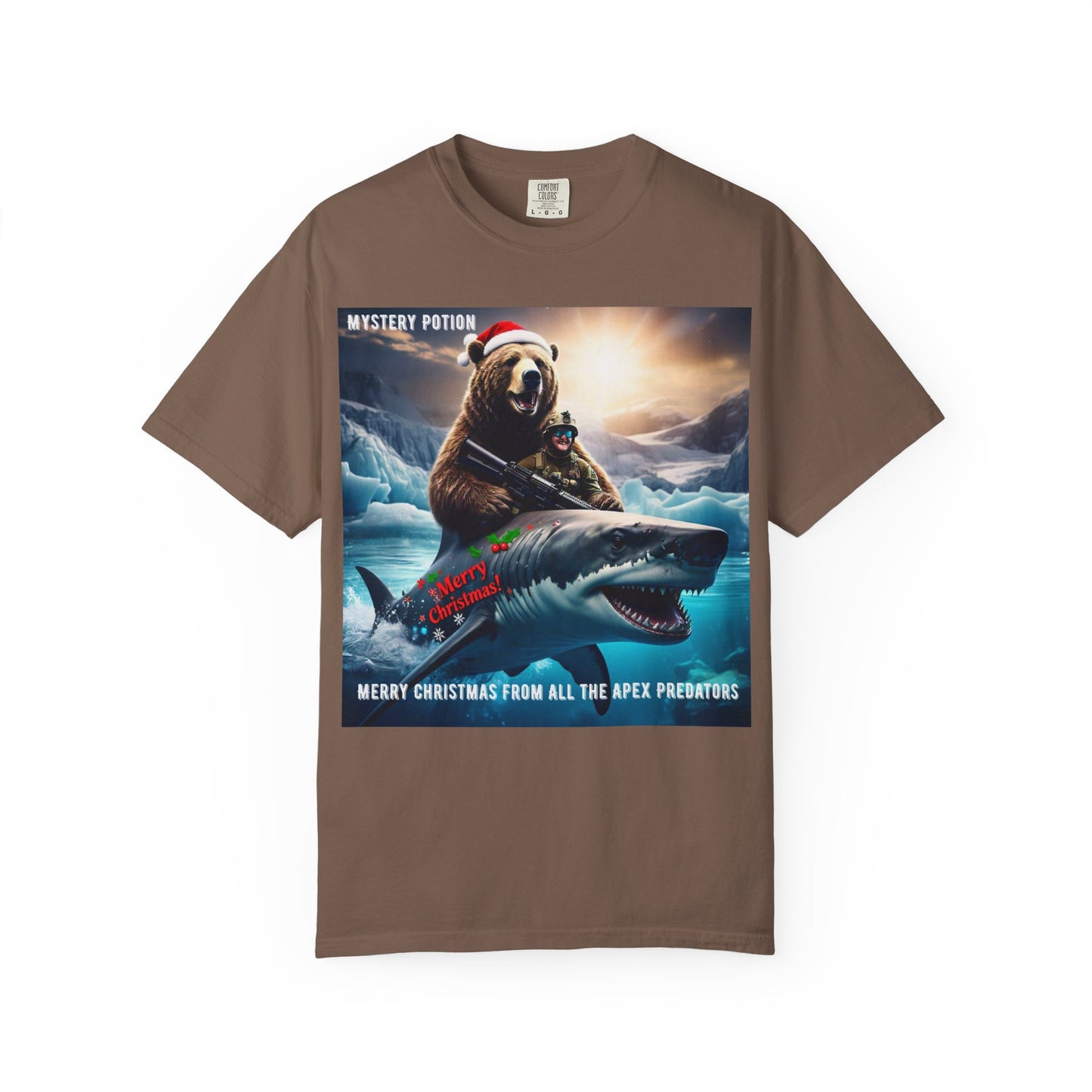 X-mas Humor T-Shirt "Merry Christmas from All the Apex Predators", Unisex Garment-Dyed Tee, Funny Holiday Shirt, Gift for Friends, Outdoor Adventure Wear, Novelty Apparel