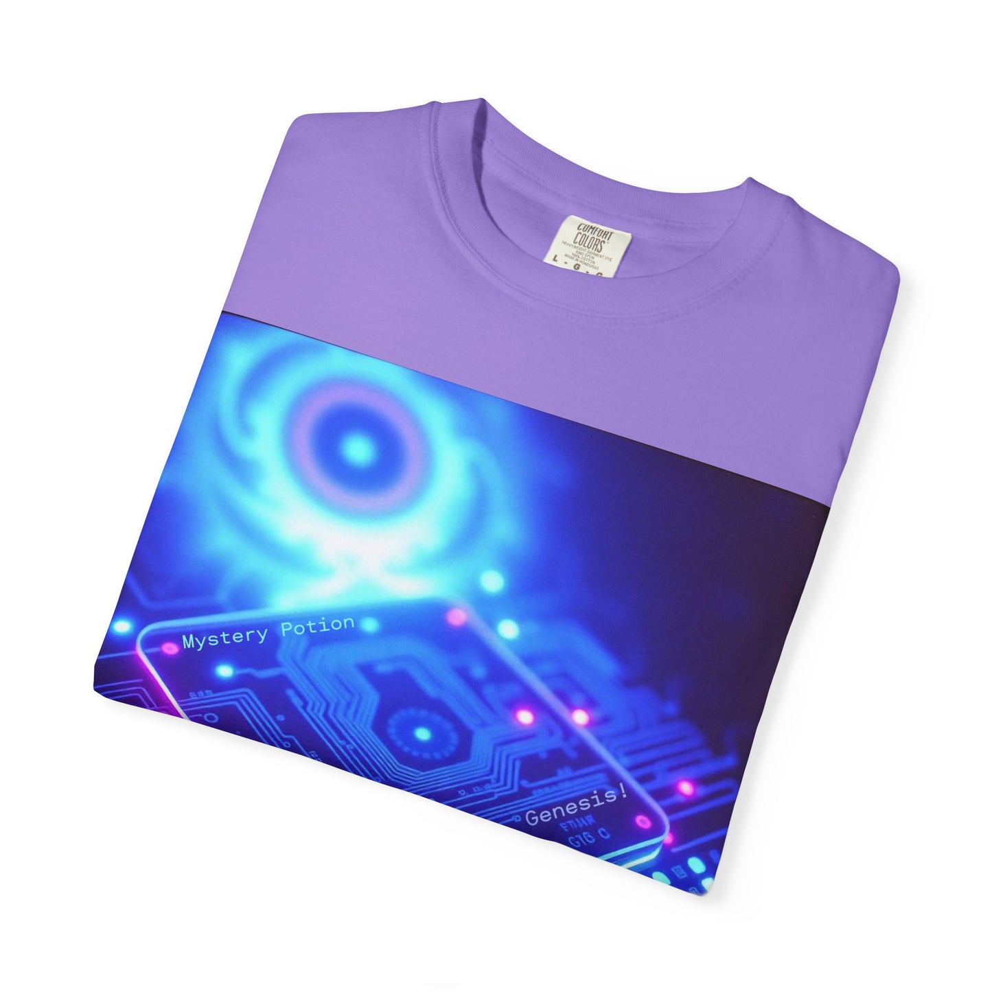 Genesis by Mystery Potion, Tech-Inspired Unisex Garment-Dyed T-Shirt, Unique Gift for Tech Lovers, Festival Wear, Casual Style, Gamer Apparel, Cyberpunk Vibe