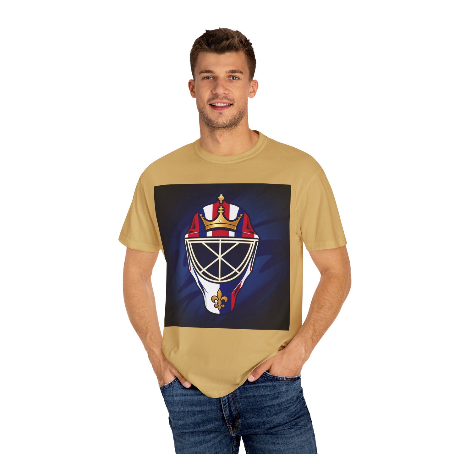Regal Crown Goalie Mask Graphic T-shirt, Unisex Fashion Tee, Red, White and Blue Casual Wear, Gift for Her/Him, Summer Style, Graphic Apparel, Streetwear