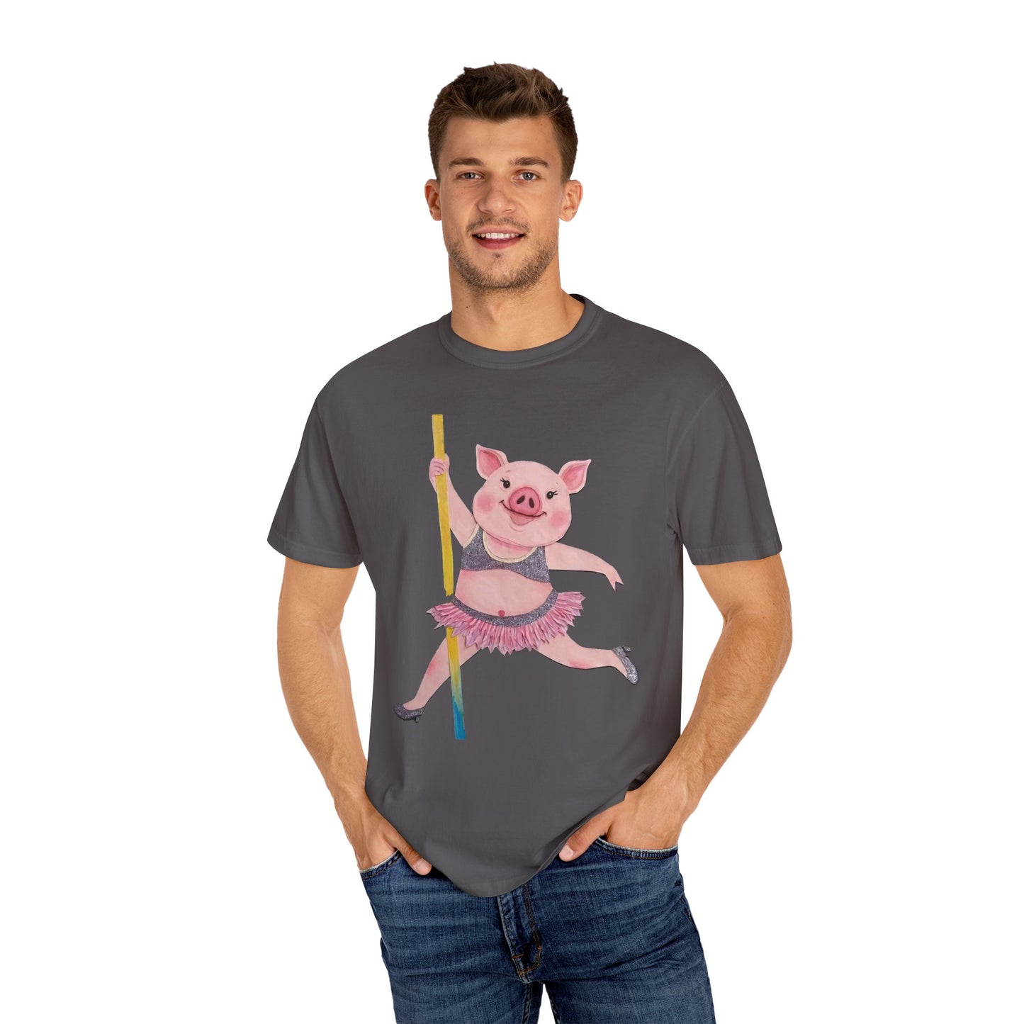 'Playful Pig' T-Shirt, Fun Graphic Tee, Animal Lover Gift, Unique Apparel, Funny T-Shirt, Cute Pig Shirt, Pole-Dancers and Pole Dancing Pig.