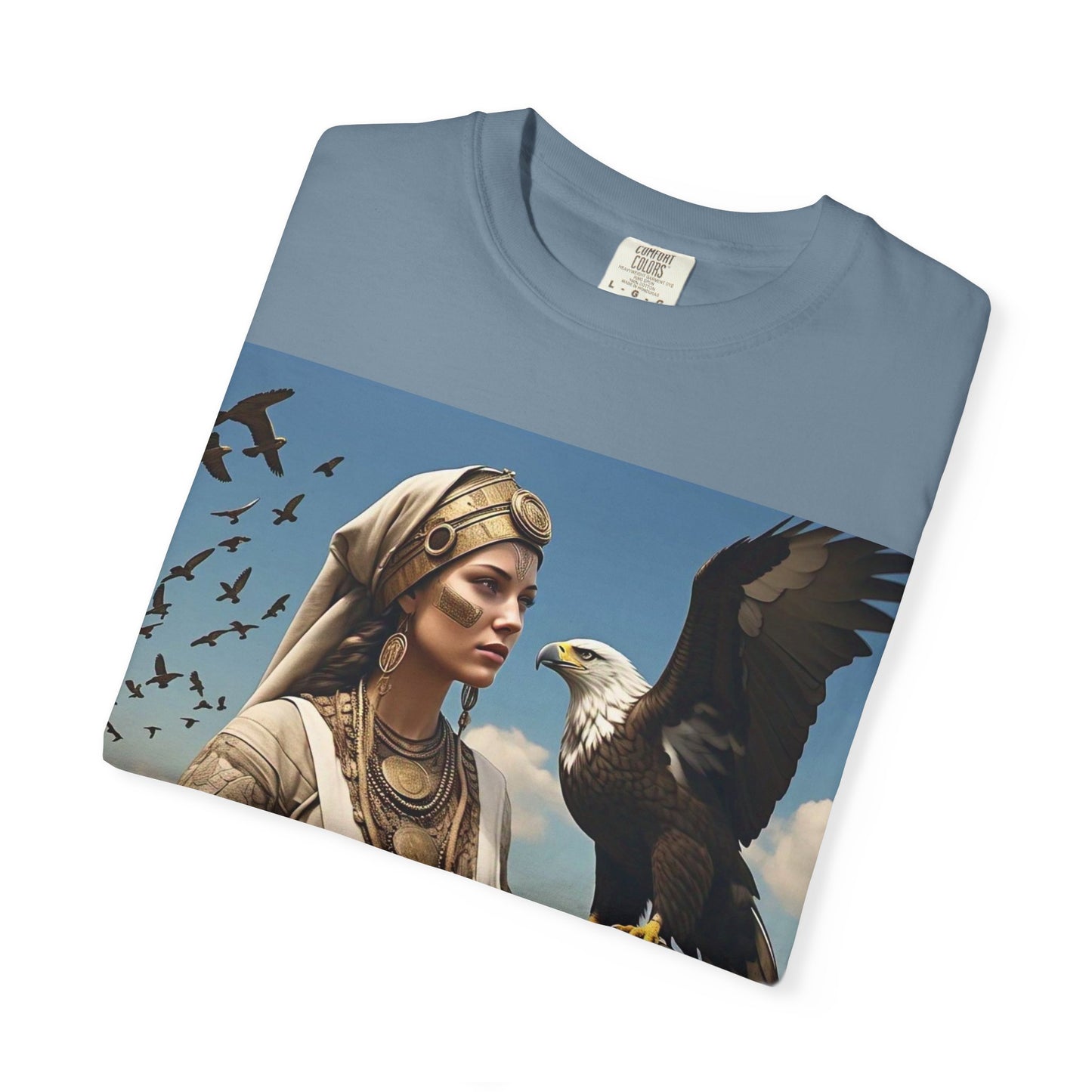 Empowered Eagle and Scythian Woman T-Shirt, Unisex Garment-Dyed Tee, Nature Lover Shirt, Gift for Bird Enthusiasts, Unique Graphic Tee