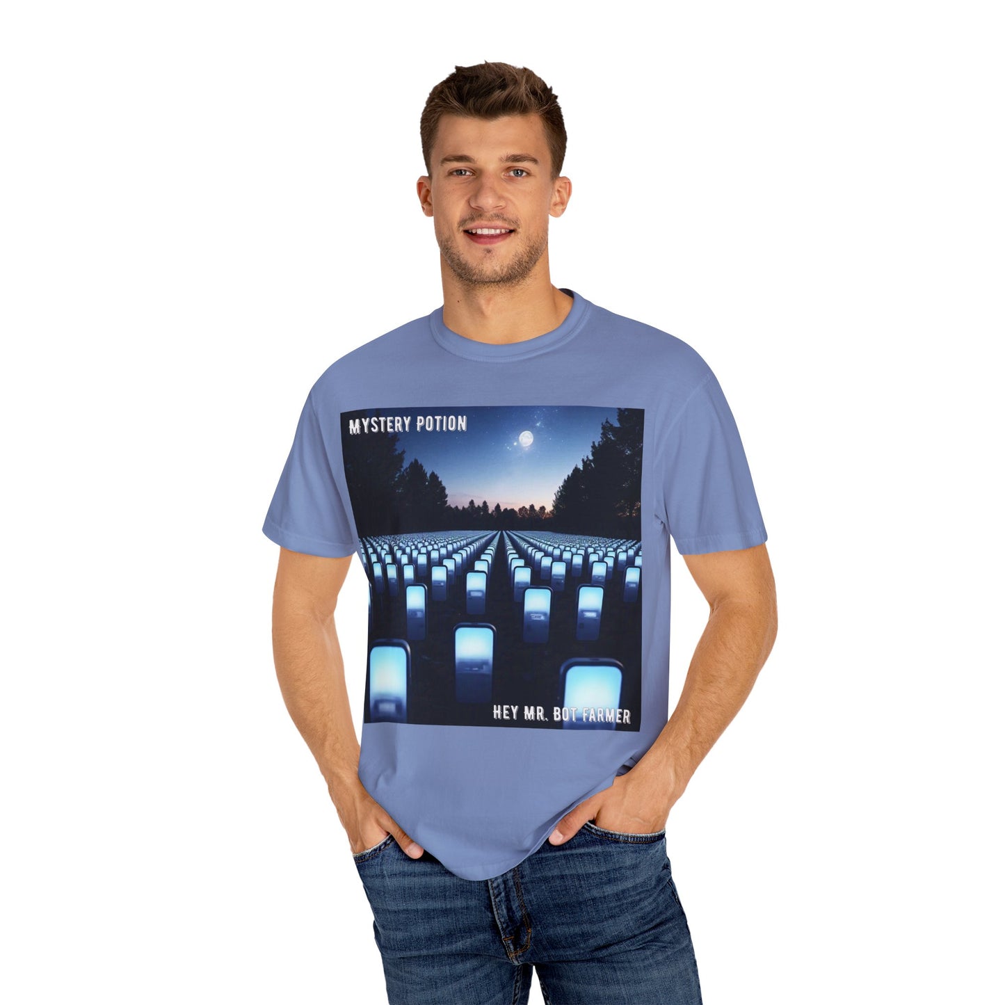 Mystery Potion "Hey Mr. Bot Farmer" Graphic T-Shirt, Unisex Vintage Tee, Perfect for Music Festivals, Casual Wear, Gifts for Him/Her