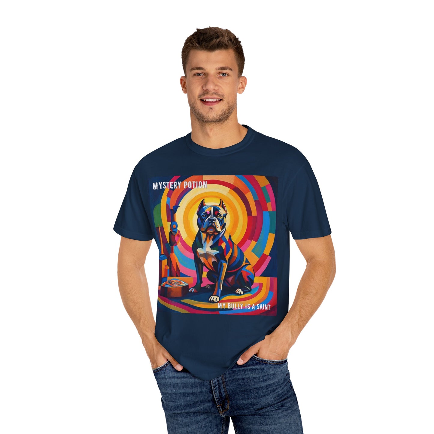 'My Bully Is A Saint' by Mystery Potion Colorful Dog Art T-shirt, Unisex Graphic Tee by Mystery Potion, Perfect for Pet Lovers, Comfy Casual Wear, Great Gift for Dog Lovers