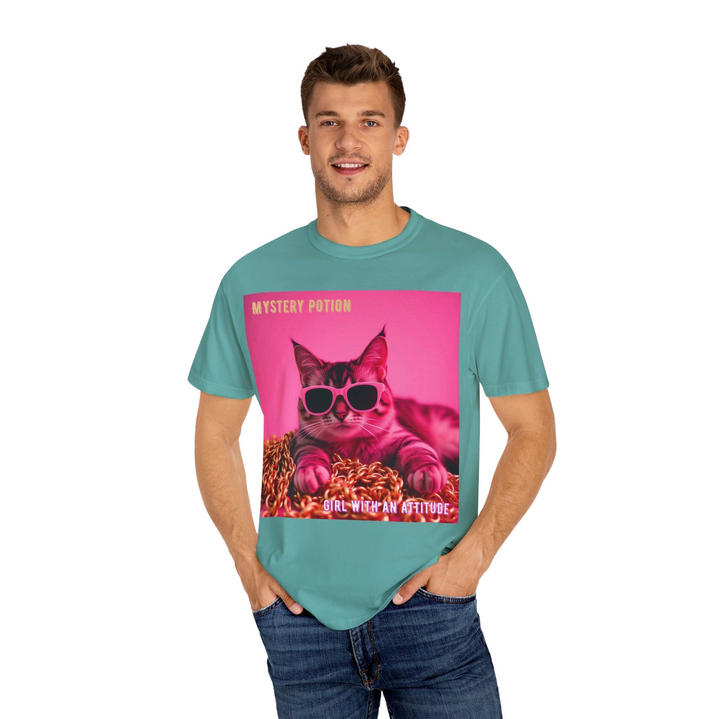 'Girl With An Attitude' by Mystery Potion, Cool Cat T-shirt, Fun Cat Tee, Gift for Cat Lovers, Casual Wear, Unique Fashion Statement, Attitude T-shirt