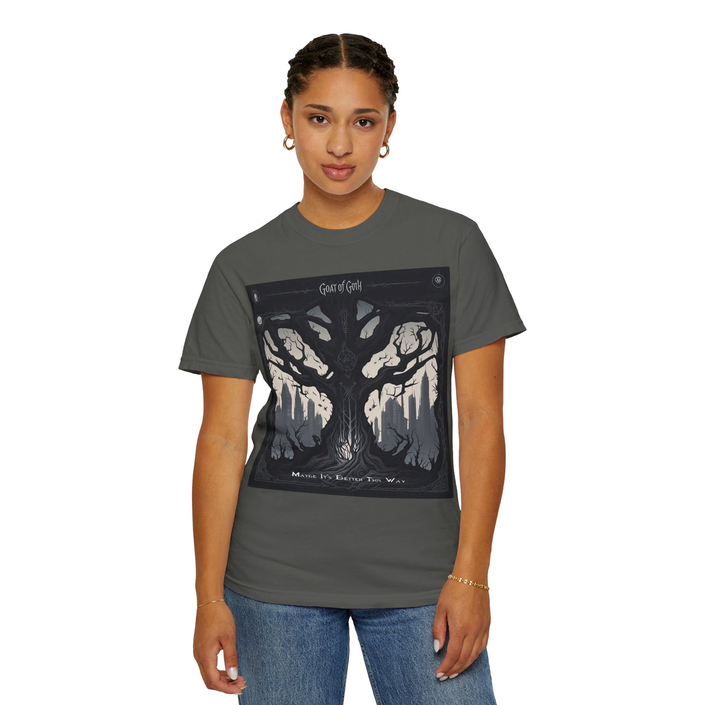 Gothic Tree T-Shirt, GOAT of Goth Unisex Cotton Tee for Nature Lovers, Unique Graphic Tee, Perfect for Festivals, Gift for Adventurers, Eco-Friendly Wear