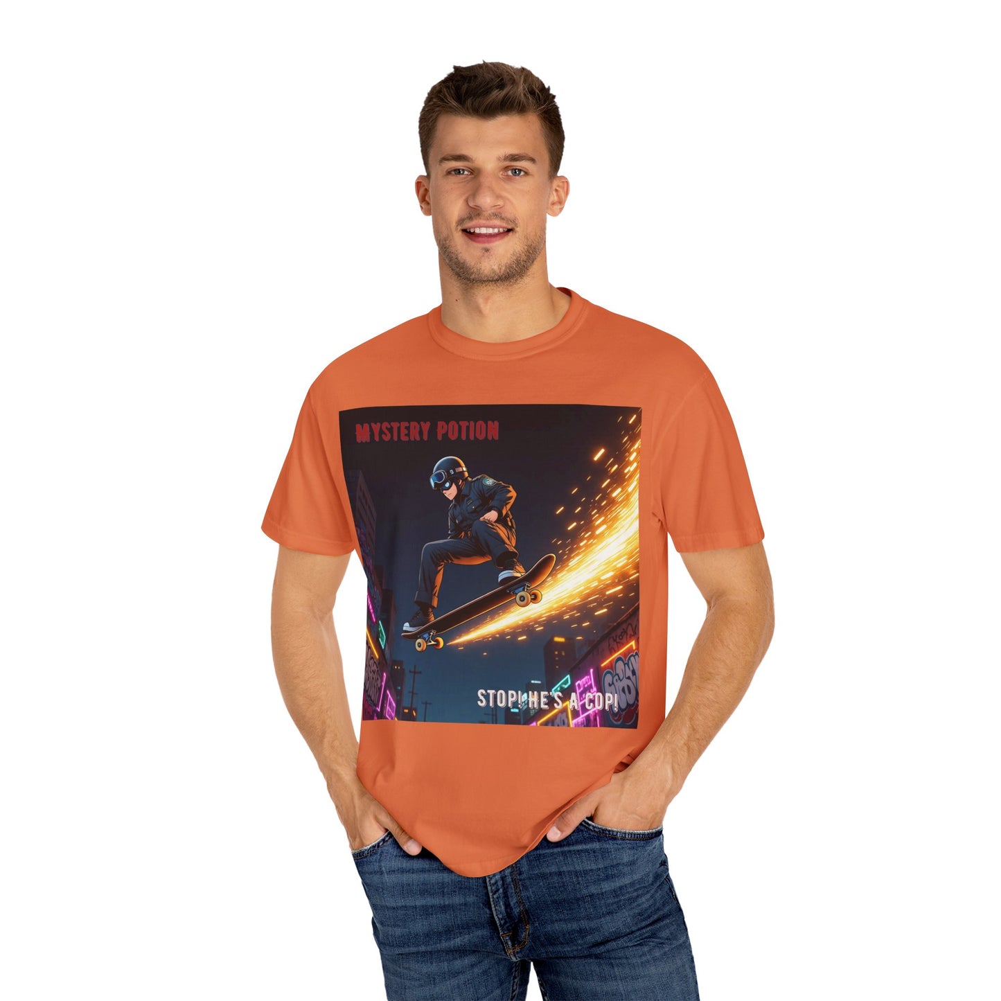 'Stop! He's A Cop!' by Mystery Potion, Skateboard Hardcore Punk T-shirt, Cozy Graphic Tee, Perfect Gift for Skaters, Unisex Streetwear Shirt, Trendy Casual Wear