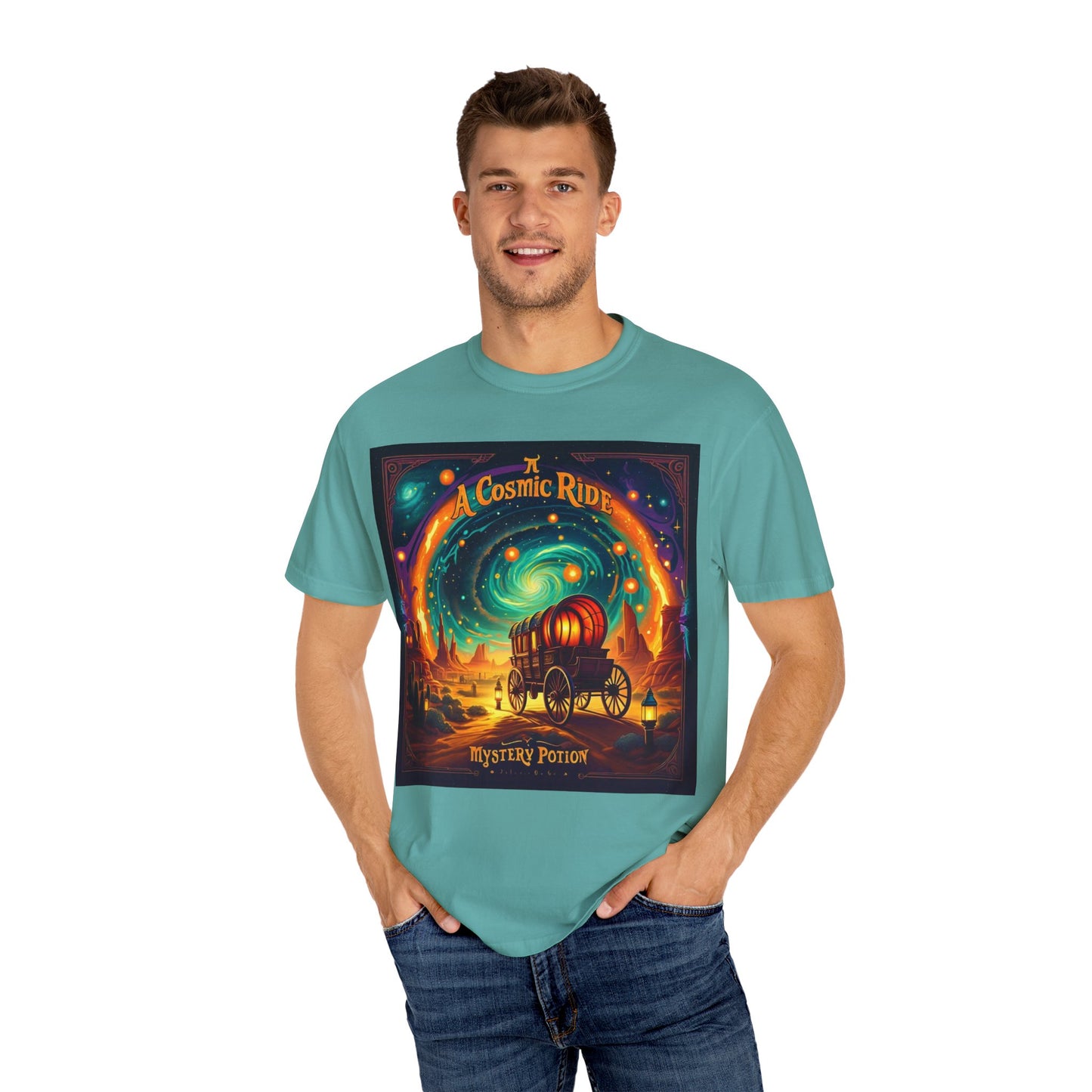 A Cosmic Ride by Mystery Potion T-Shirt, Unisex Graphic Tee, Country Western Festival Wear, Bohemian Style, Gift for Dreamers, Mystical Art Shirt