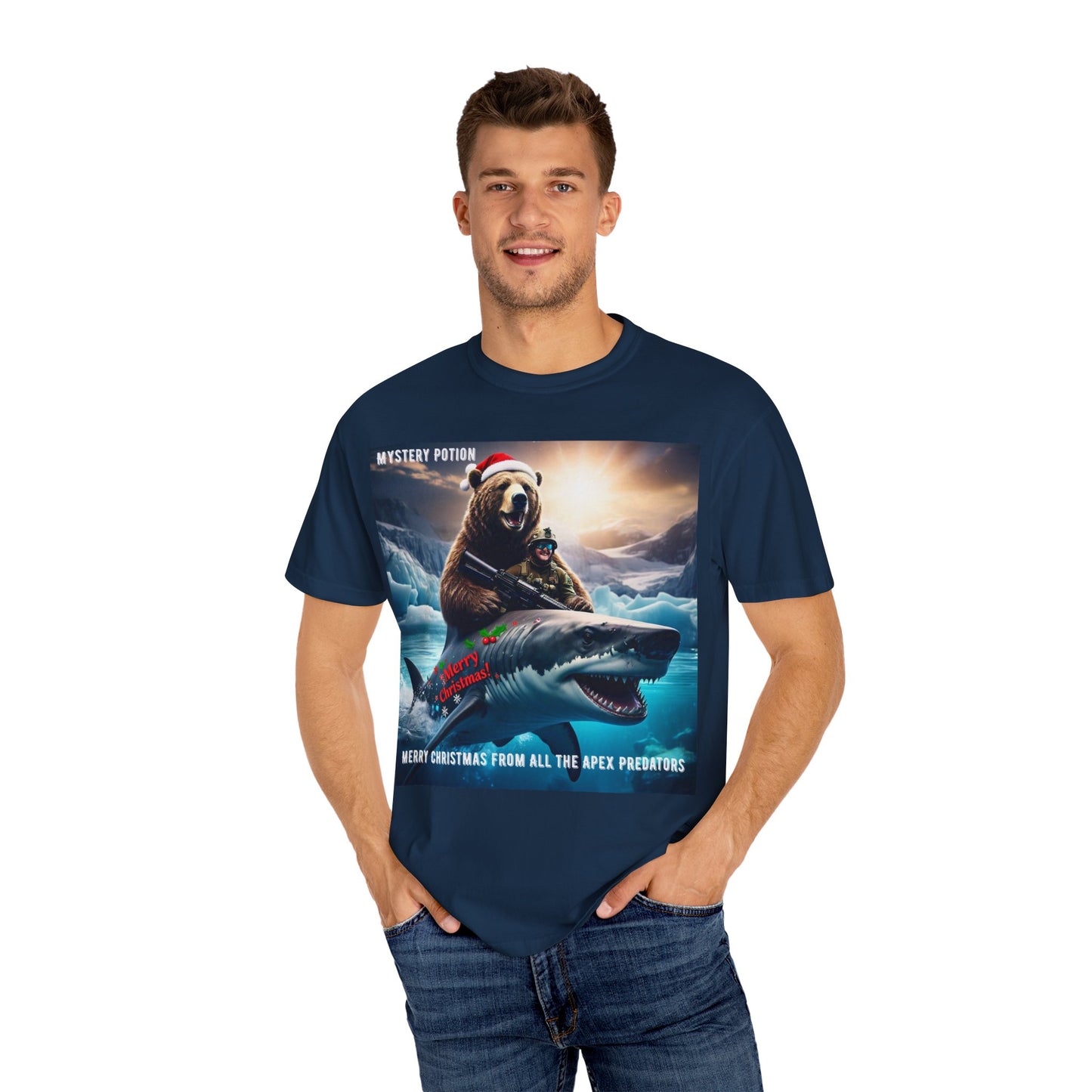 X-mas Humor T-Shirt "Merry Christmas from All the Apex Predators", Unisex Garment-Dyed Tee, Funny Holiday Shirt, Gift for Friends, Outdoor Adventure Wear, Novelty Apparel