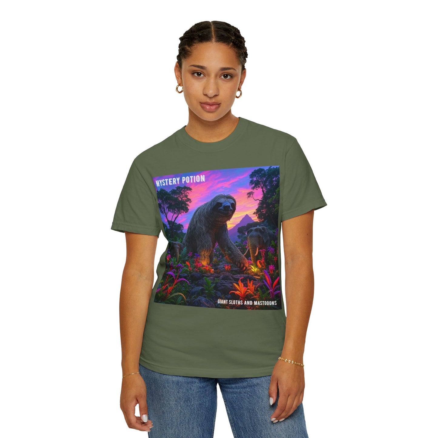 Mystery Potion's Giant Sloths and Mastodons Graphic T-Shirt | Unisex Garment-Dyed Tee for Nature Lovers, Unique Gift, Festival Wear, Prehistoric Design