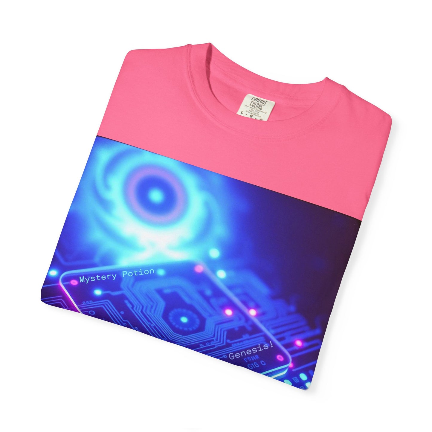 Genesis by Mystery Potion, Tech-Inspired Unisex Garment-Dyed T-Shirt, Unique Gift for Tech Lovers, Festival Wear, Casual Style, Gamer Apparel, Cyberpunk Vibe