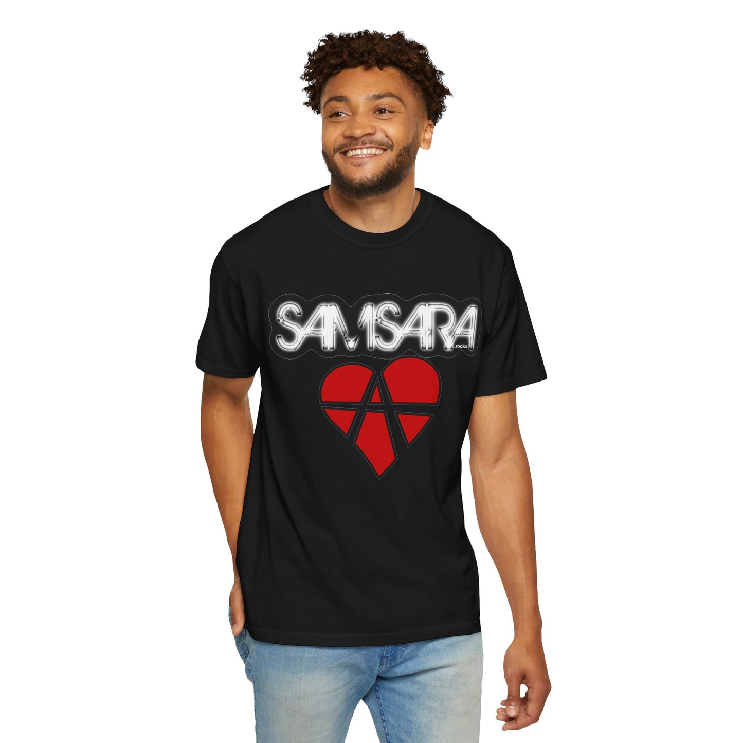 'Samsara Rocks' Logo, Love and Anarchy Graphic Tee | Unisex Garment-Dyed T-Shirt, Casual Fashion, Heart Design, Streetwear, Gift for Him/Her