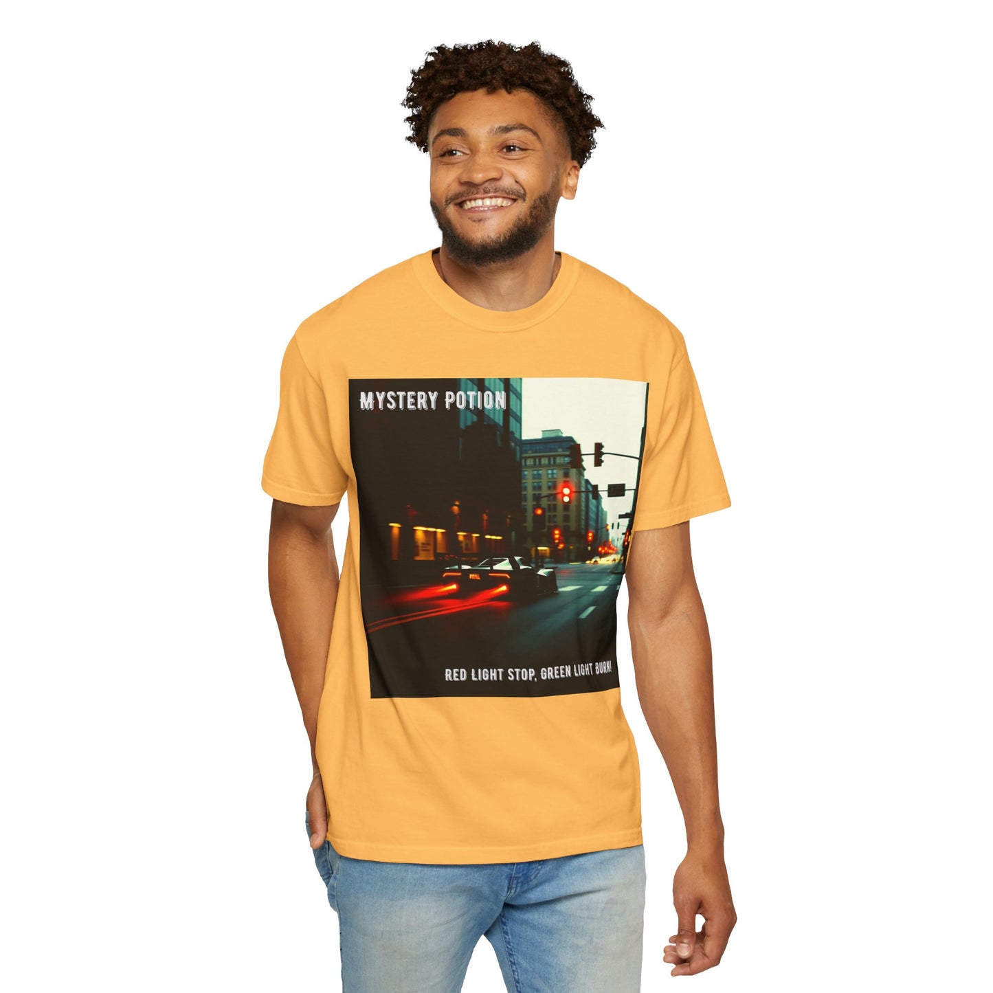'Red Light Stop, Green Light Burn' by Mystery Potion Urban Vibe T-Shirt, Street Art T-Shirt, Fashion Tee, Gift for Art Lovers, Unisex Cotton Shirt, Unique Graphic Tee