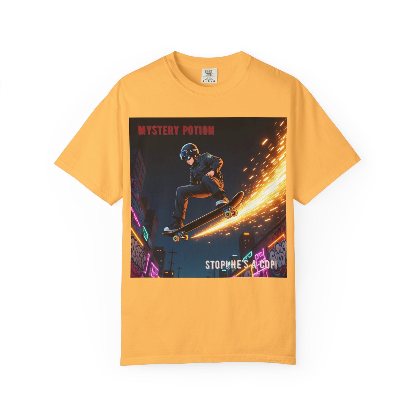 'Stop! He's A Cop!' by Mystery Potion, Skateboard Hardcore Punk T-shirt, Cozy Graphic Tee, Perfect Gift for Skaters, Unisex Streetwear Shirt, Trendy Casual Wear
