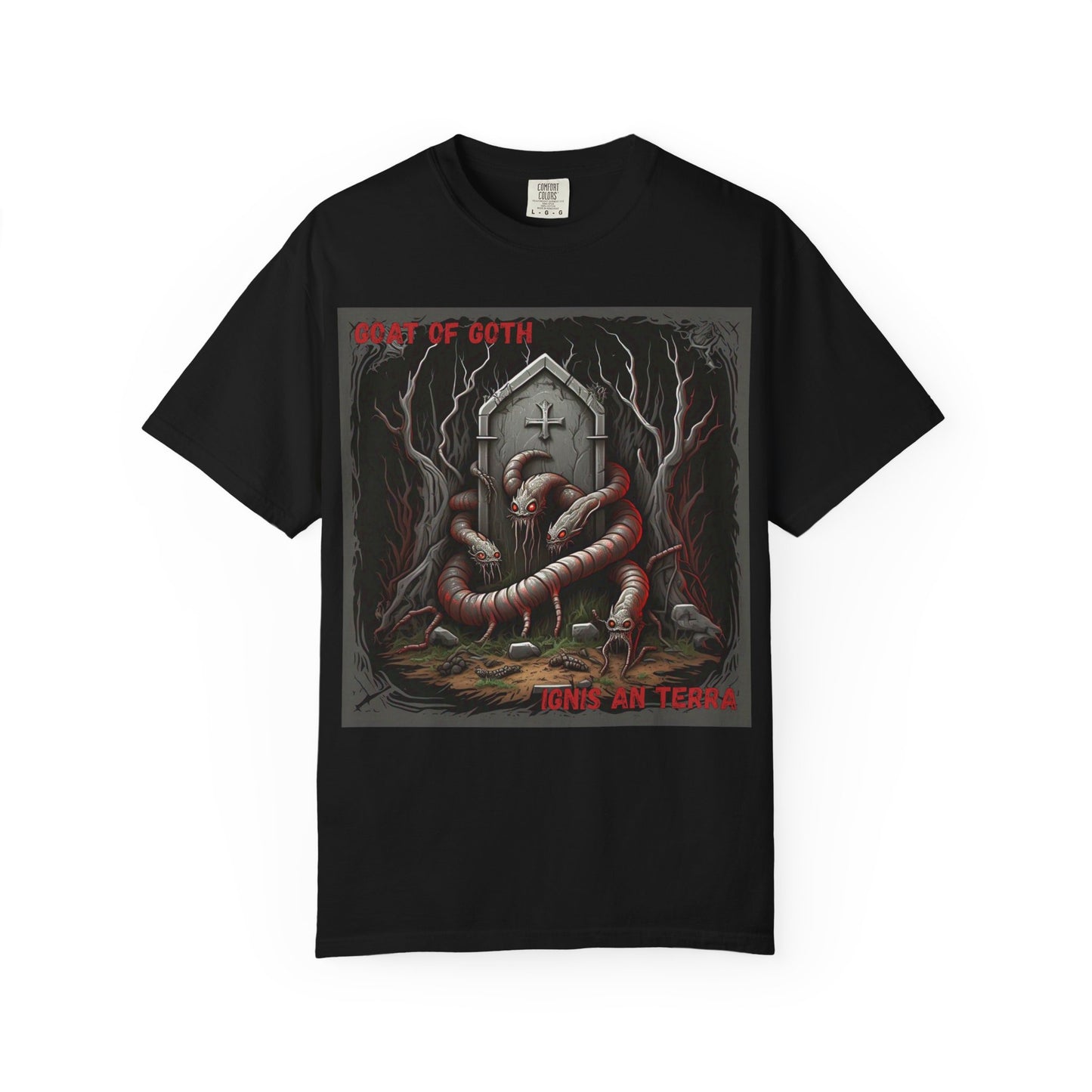 'Ignis An Terra' by GOAT of Goth, Gothic Graphic T-Shirt, Dark Aesthetic Tee, Unisex Halloween Shirt, Unique Gift for Horror Lovers, Casual Everyday Wear
