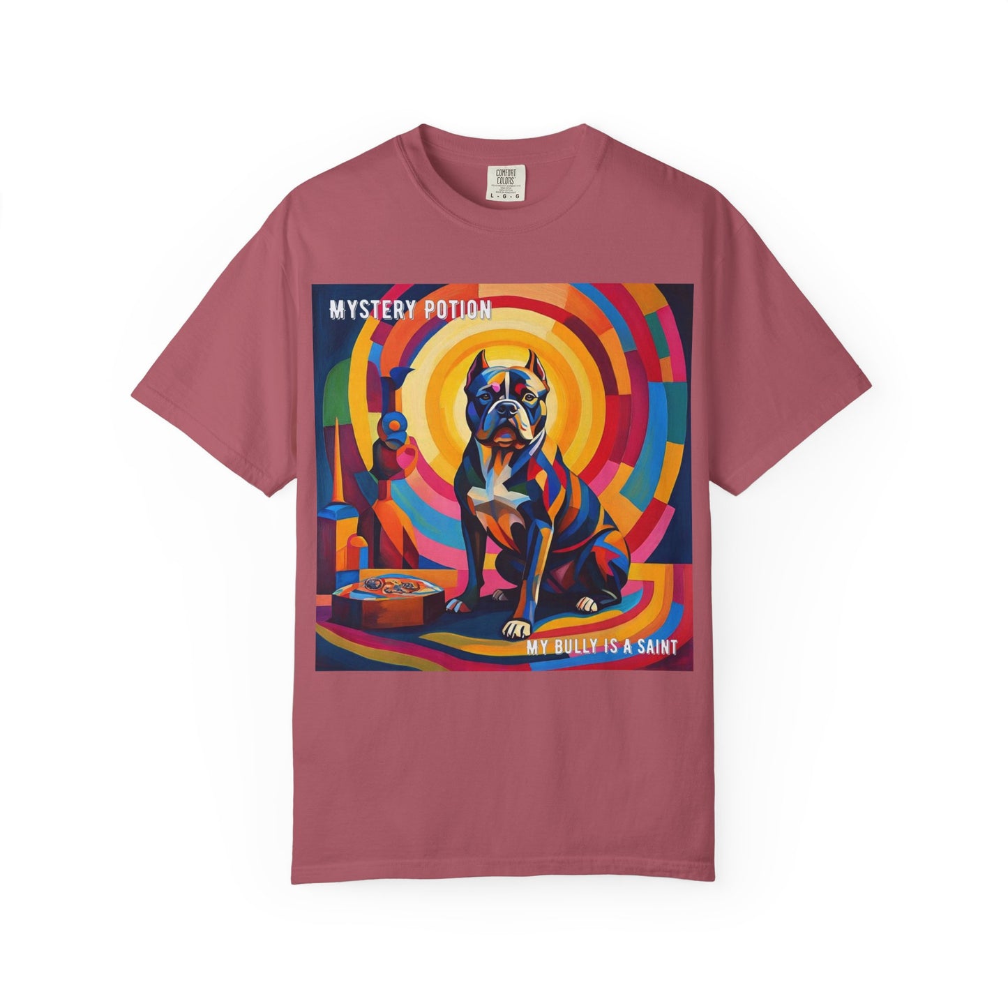 'My Bully Is A Saint' by Mystery Potion Colorful Dog Art T-shirt, Unisex Graphic Tee by Mystery Potion, Perfect for Pet Lovers, Comfy Casual Wear, Great Gift for Dog Lovers