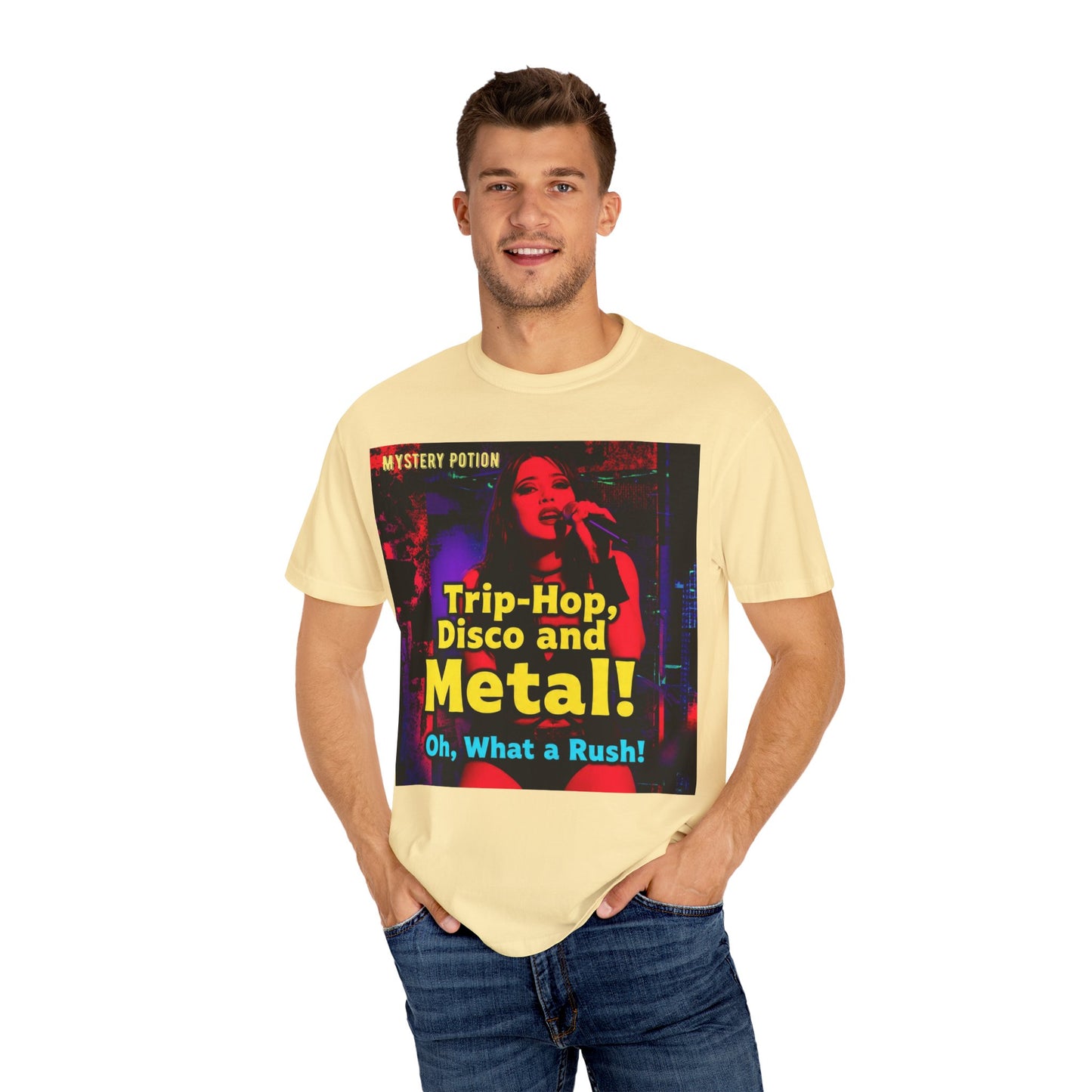 Trip Hop, Disco and Metal! Oh, What a Rush Vibrant Music-Themed Unisex T-shirt | Perfect Gift for Music Lovers, Concert Attendees, Band Merch, Festival Apparel, and Casual Wear