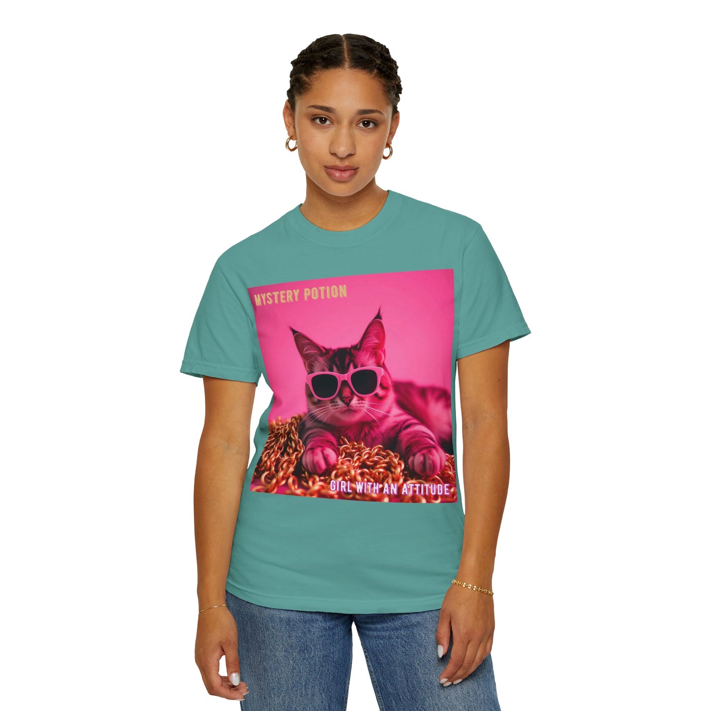 'Girl With An Attitude' by Mystery Potion, Cool Cat T-shirt, Fun Cat Tee, Gift for Cat Lovers, Casual Wear, Unique Fashion Statement, Attitude T-shirt