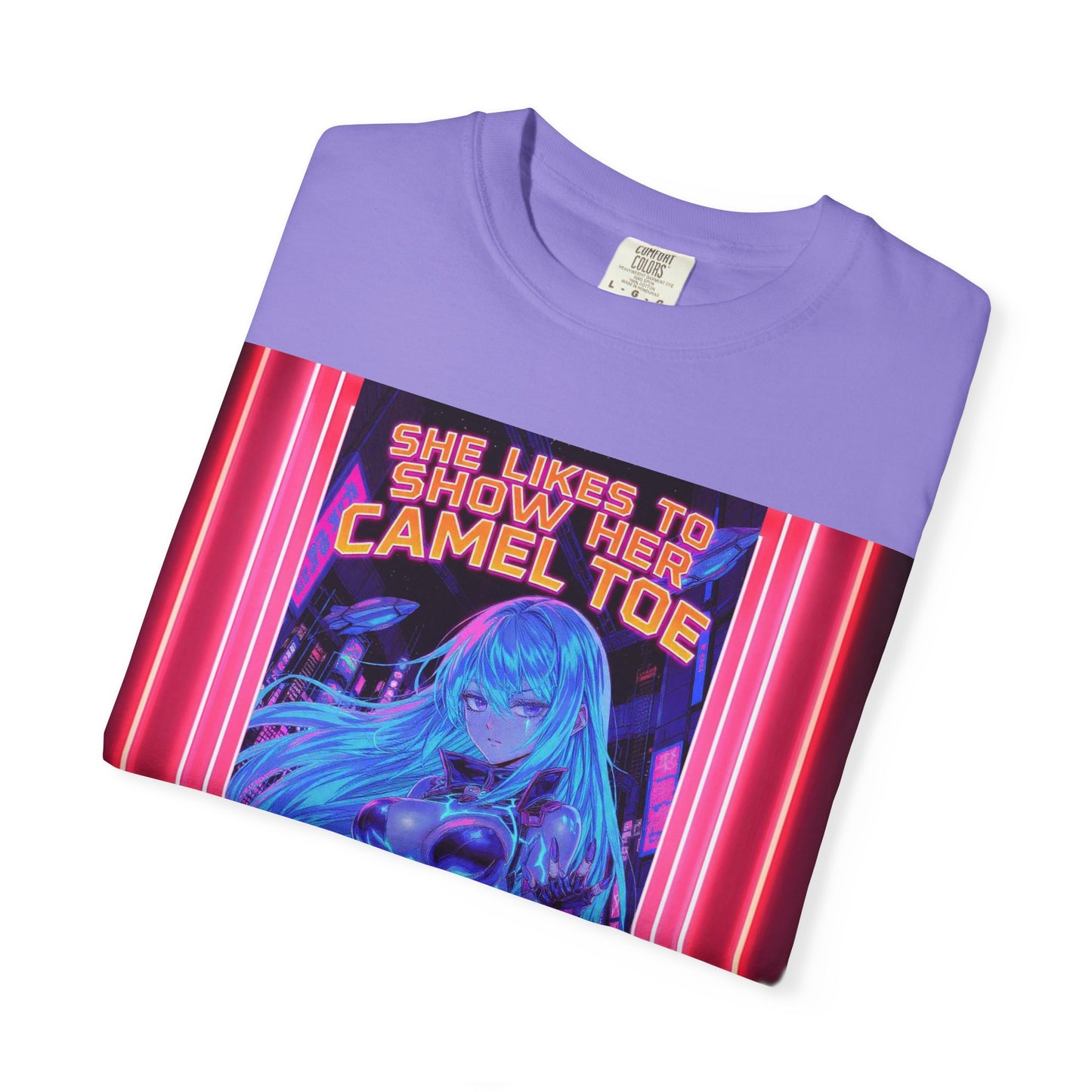Anime Neon Tee — "She Likes to Show Her Camel Toe" Graphic T-Shirt