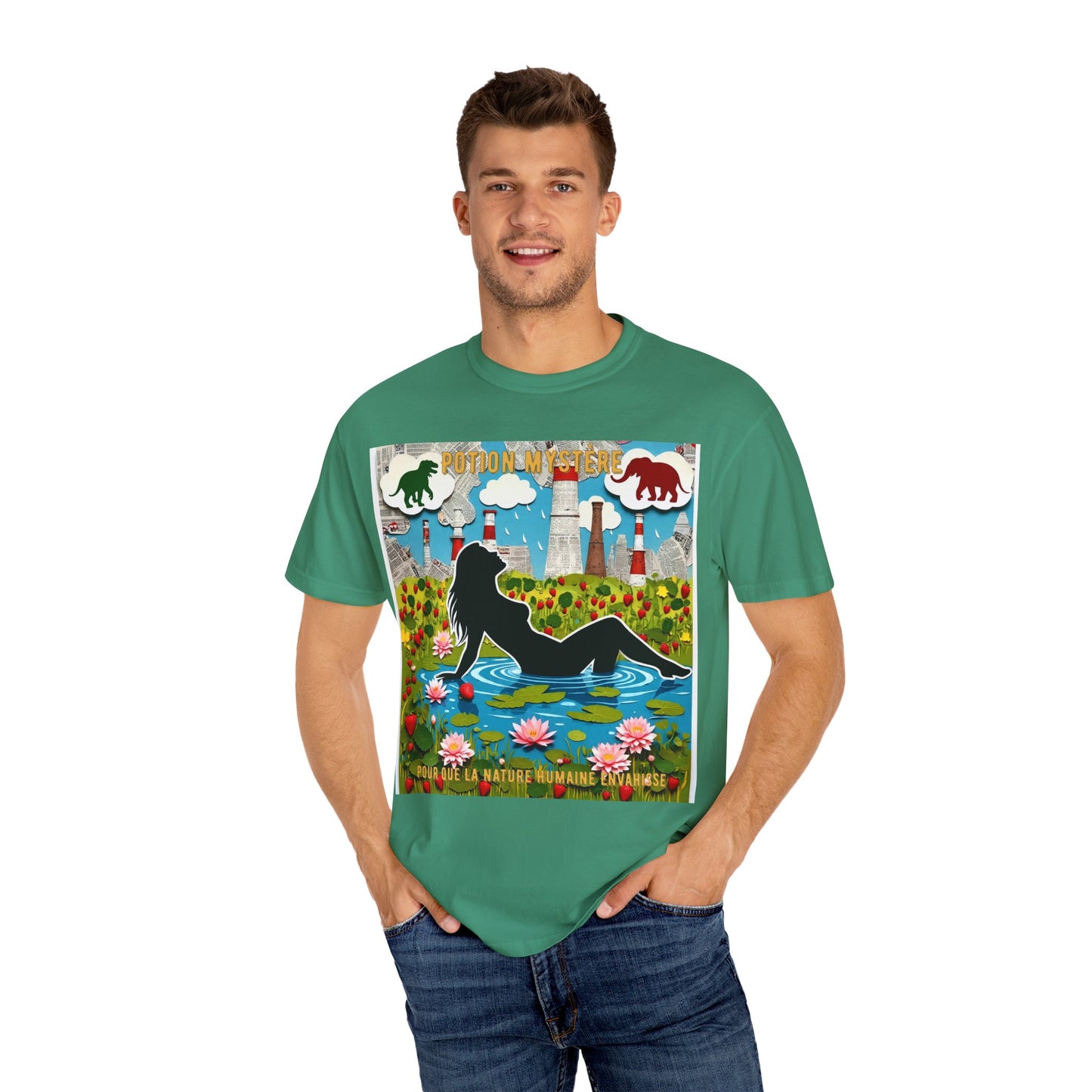 'Pour Que La Nature Humaine Envahisse' par Potion Mystère, Nature-Inspired Collage Unisex T-Shirt, Eco-Friendly Tee, Vibrant Graphic Tee, Relaxed Fit Shirt, Summer Casual Wear, Gift for Nature Lovers, Grebo Rock