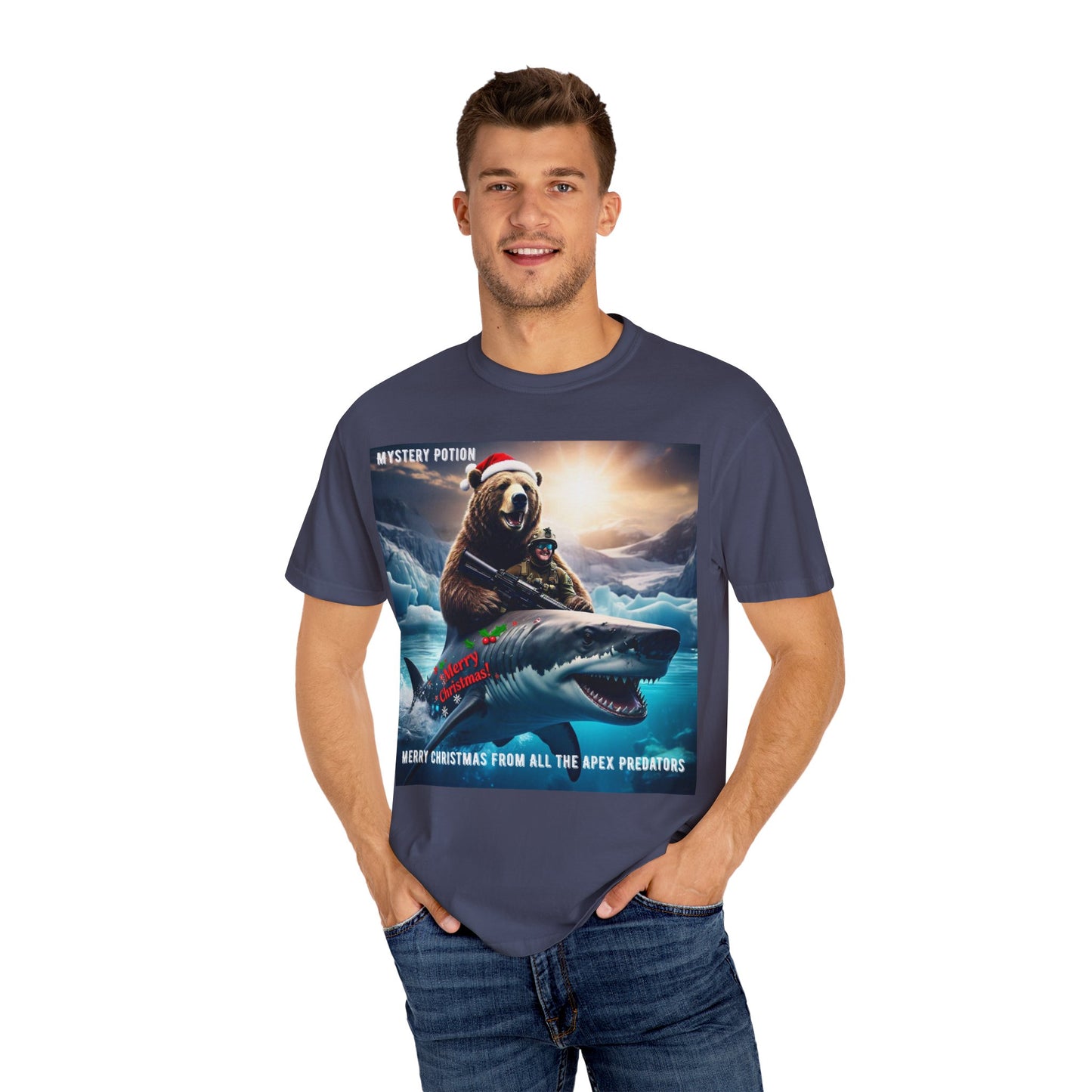 X-mas Humor T-Shirt "Merry Christmas from All the Apex Predators", Unisex Garment-Dyed Tee, Funny Holiday Shirt, Gift for Friends, Outdoor Adventure Wear, Novelty Apparel