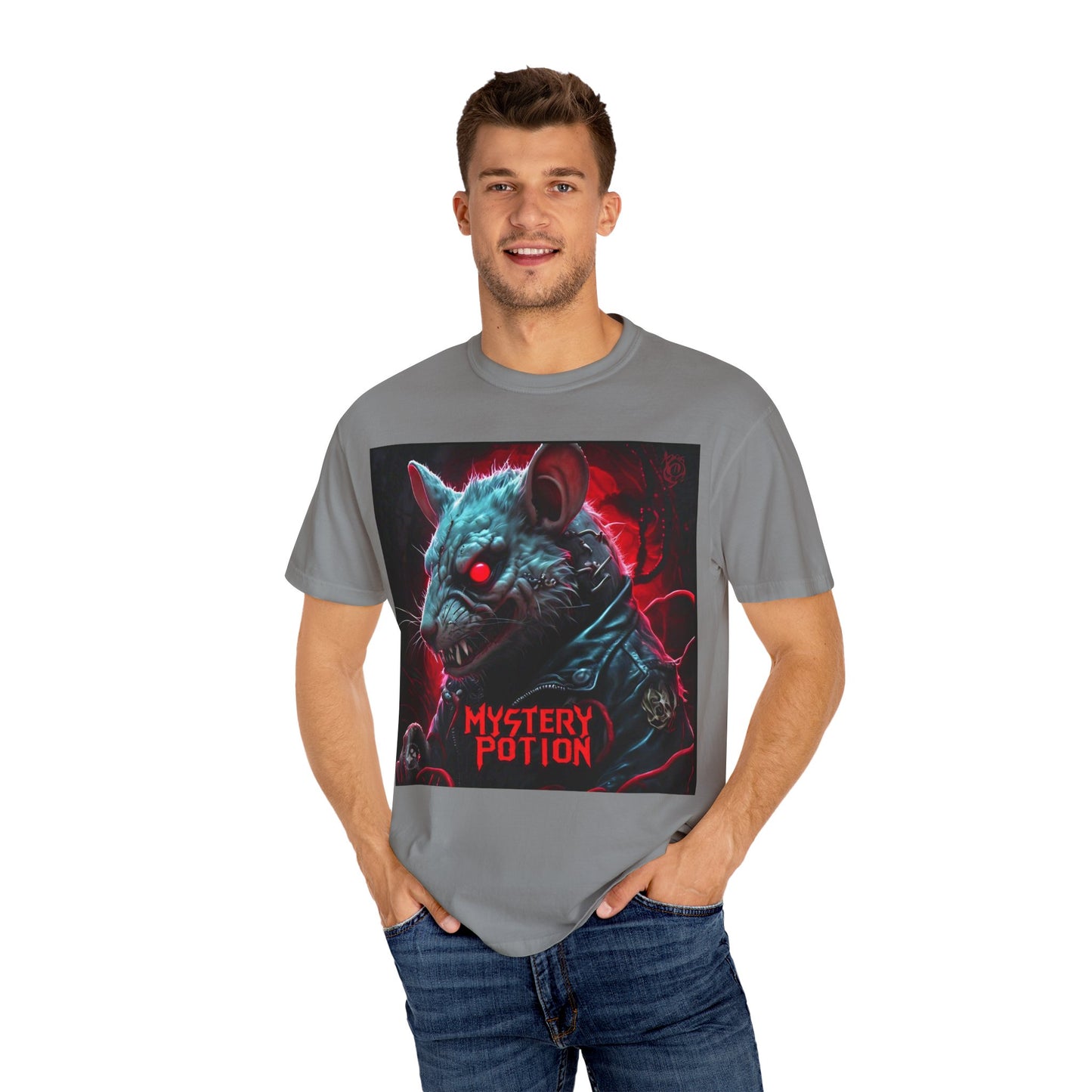 'Mystery Potion' Punk Rock Rat in Leather Jacket T-shirt, Rocker Tee, Original Logo