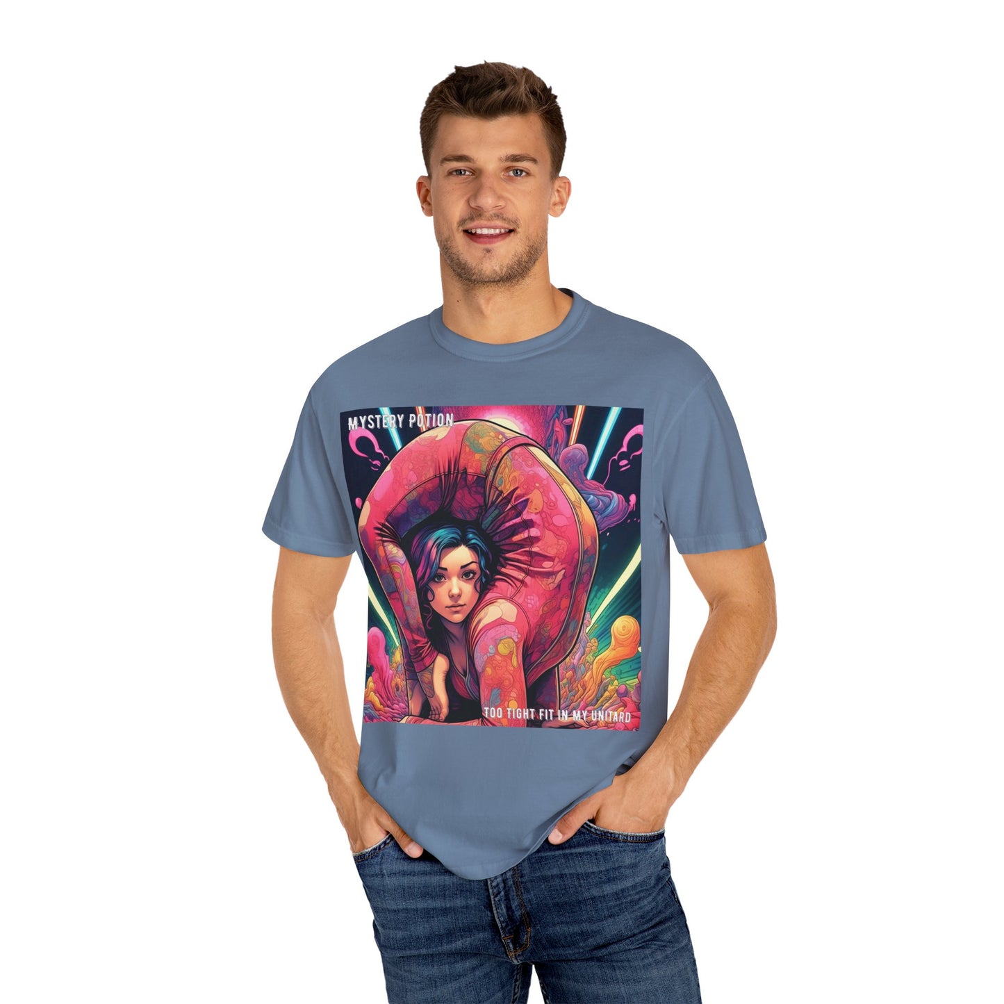 Mystery Potion Extreme Yoga Pose Unisex Garment-Dyed T-shirt, Artistic Tee, Vibrant Graphic Shirt, Unique Gift, Festival Wear, Comfortable Casual Top
