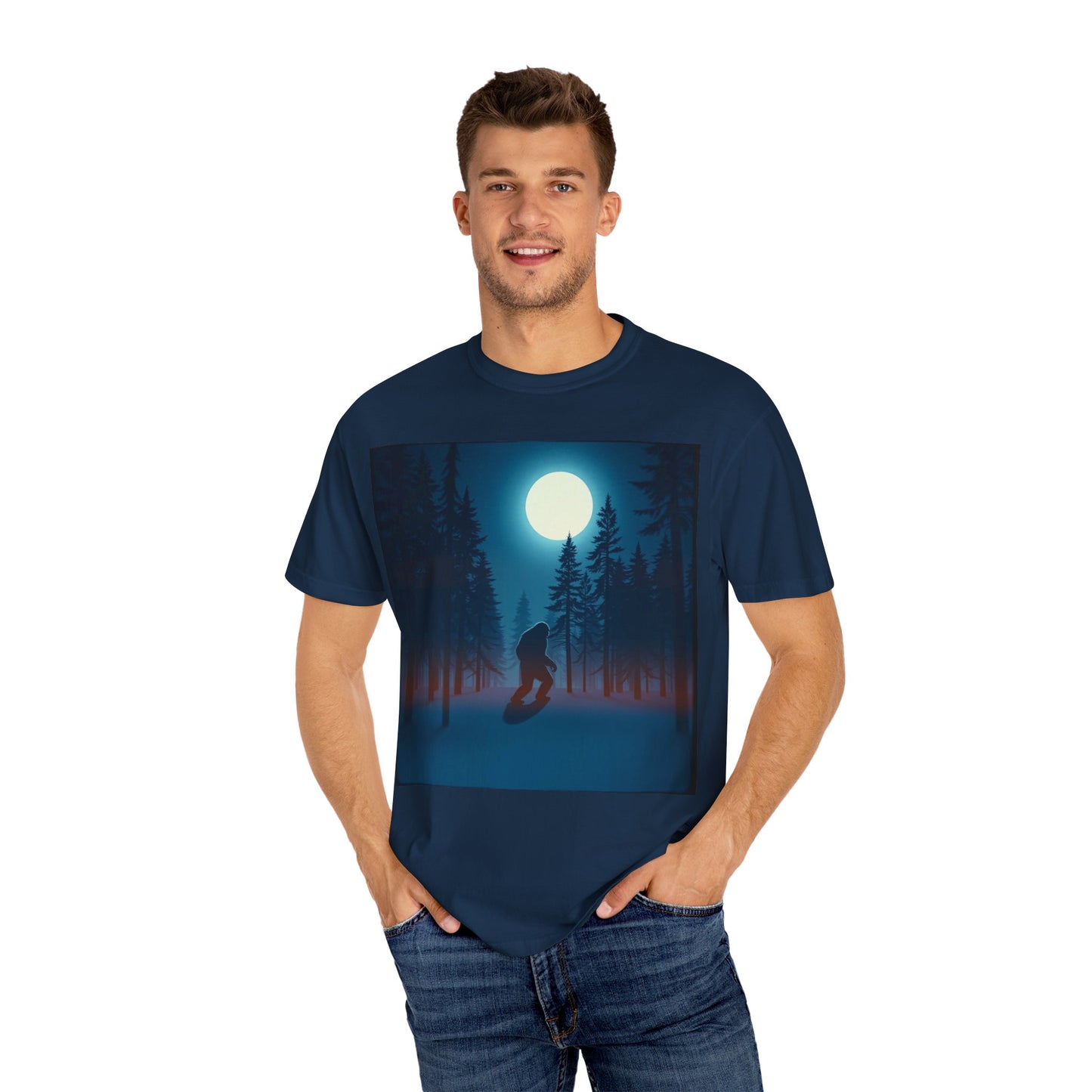 Moonlit Forest Snowboarder T-Shirt, Cozy Adventure Tee, Winter Sports Gift, Unisex Apparel, Outdoor Vibes