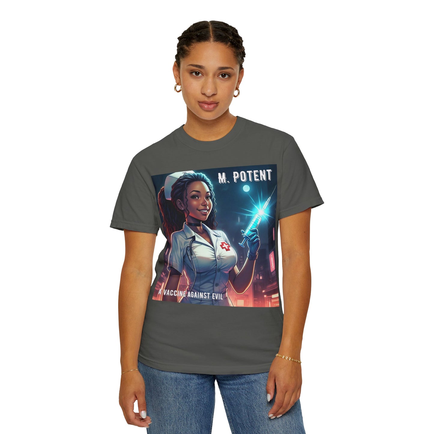 M. Potent's 'A Vaccine Against Evil', Medicine-Themed Unisex T-Shirt, Positive Vibes, Great for Nurses, Vaccination Awareness, Gift for Healthcare Workers