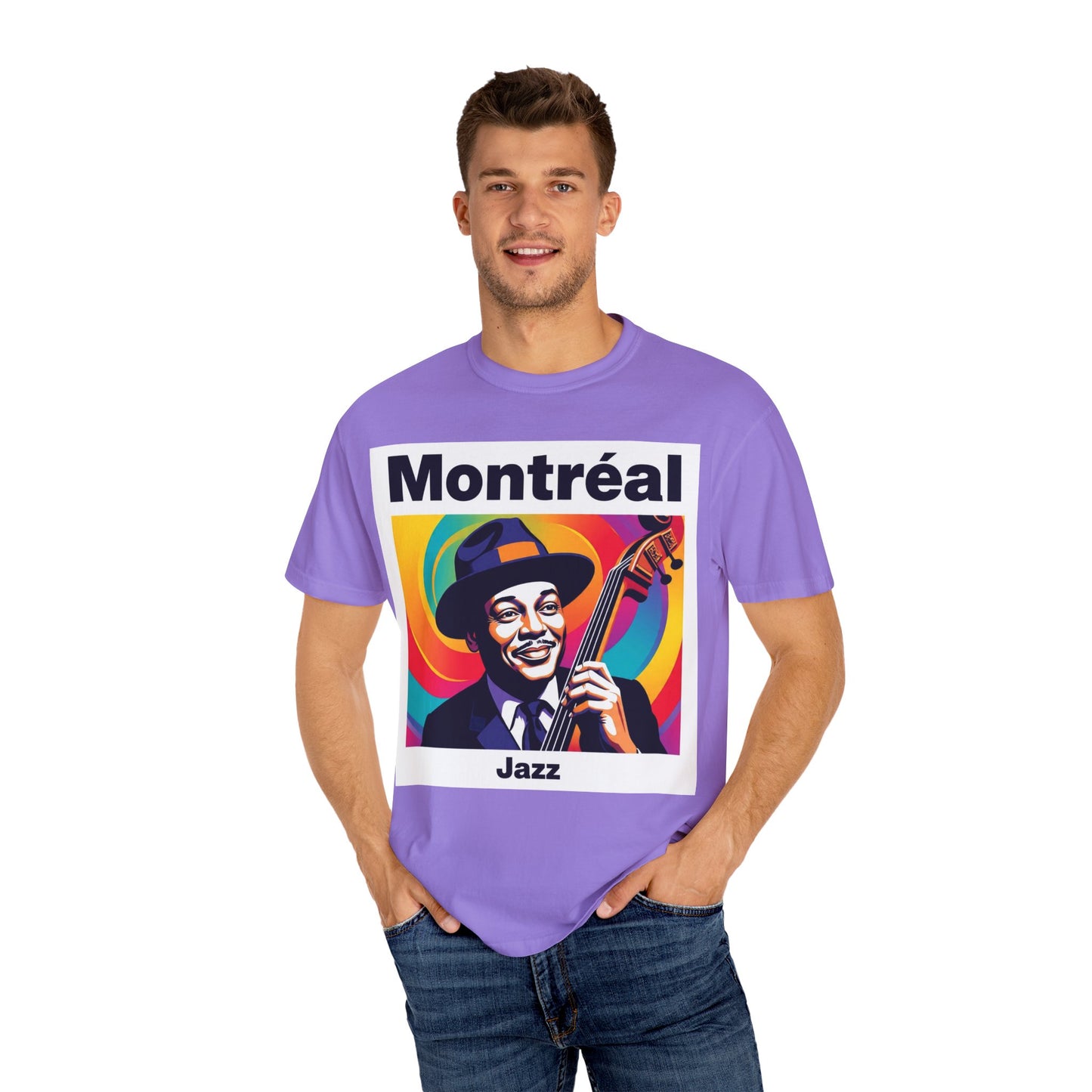 Vibrant Jazz T-Shirt with Montréal Design | Unisex Garment-Dyed Tee for Music Lovers, Concerts, Festivals, Gift Idea, Casual Wear