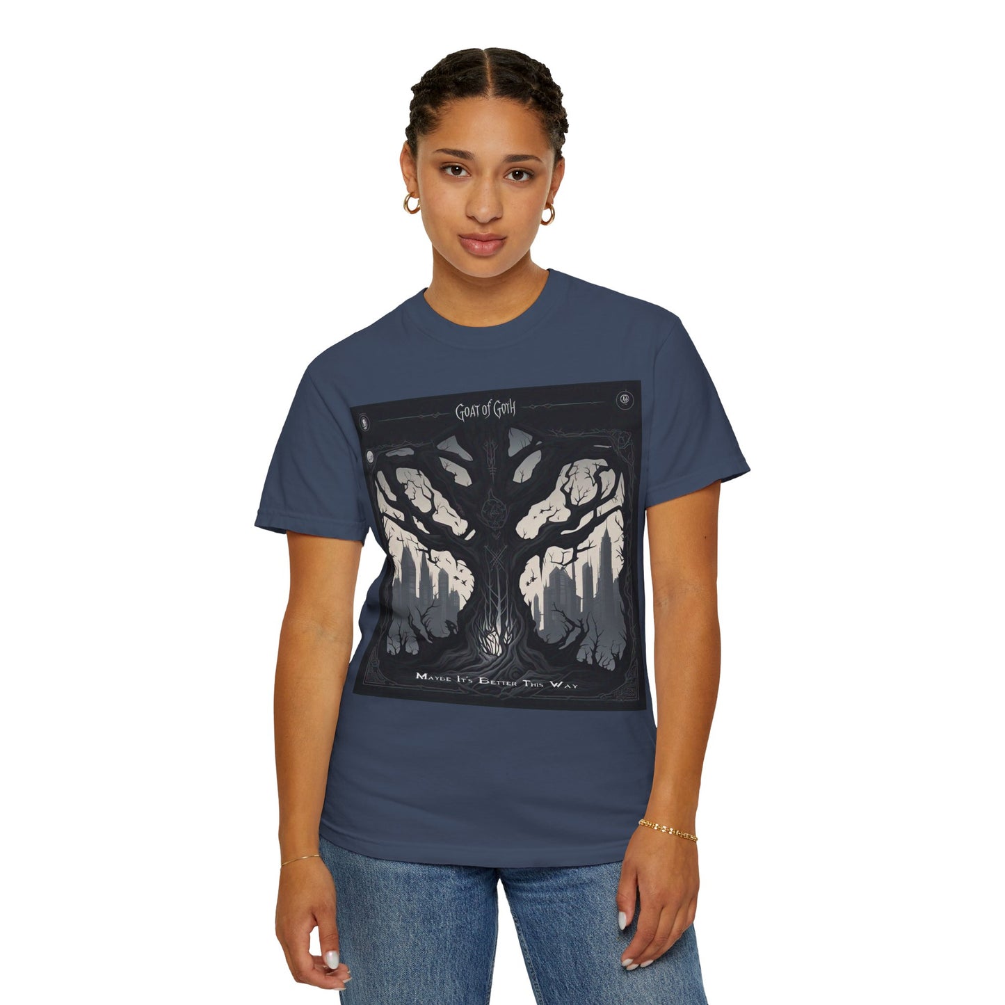 Gothic Tree T-Shirt, GOAT of Goth Unisex Cotton Tee for Nature Lovers, Unique Graphic Tee, Perfect for Festivals, Gift for Adventurers, Eco-Friendly Wear