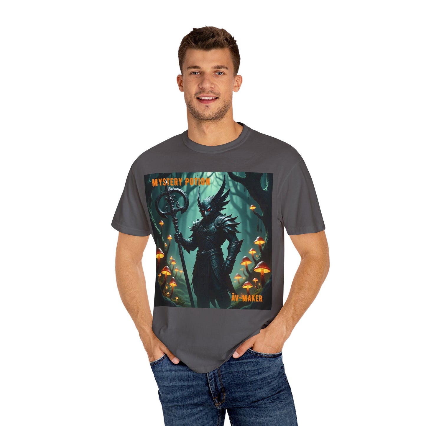 Mystical Āv-Maker Unisex Garment-Dyed T-shirt, Fantasy Apparel, Gift for Gamers, Witchy T-shirt, Mystery Potion Design, Unisex Tee