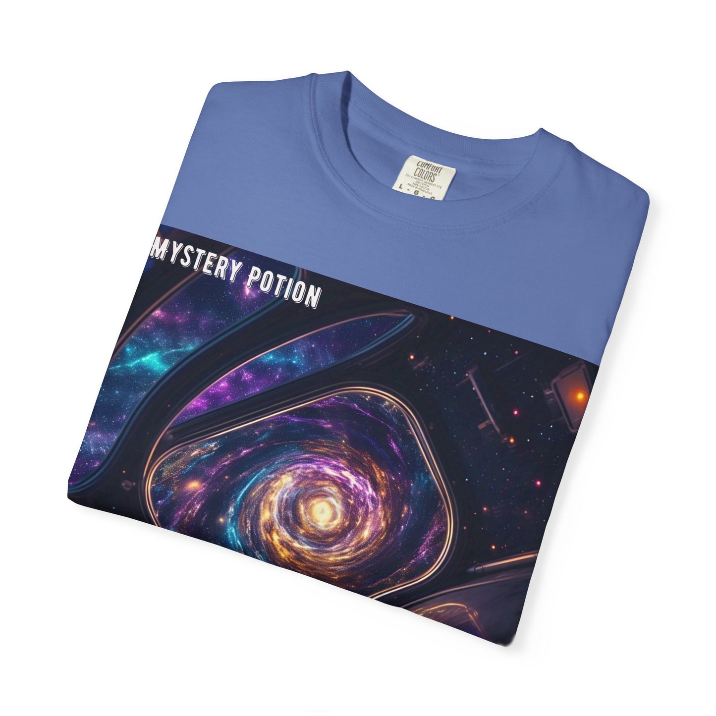 Cosmic Themed Mystery Potion Unisex Garment-Dyed T-shirt, Mystical Tee, Galaxy Shirt, Space Art Apparel, Unique Gift for Event Horizon Stargazers