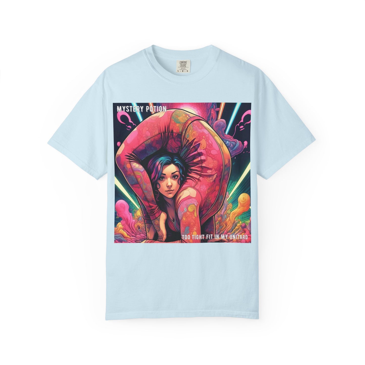 Mystery Potion Extreme Yoga Pose Unisex Garment-Dyed T-shirt, Artistic Tee, Vibrant Graphic Shirt, Unique Gift, Festival Wear, Comfortable Casual Top