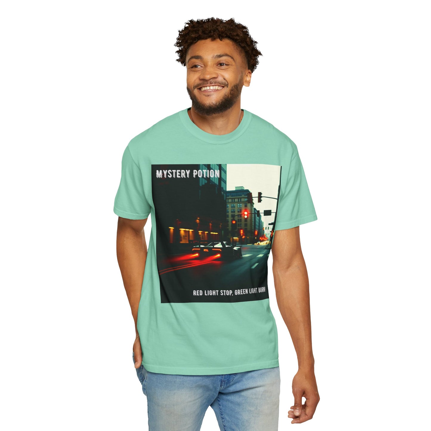 'Red Light Stop, Green Light Burn' by Mystery Potion Urban Vibe T-Shirt, Street Art T-Shirt, Fashion Tee, Gift for Art Lovers, Unisex Cotton Shirt, Unique Graphic Tee