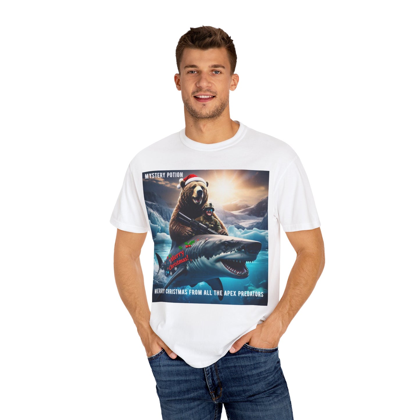 X-mas Humor T-Shirt "Merry Christmas from All the Apex Predators", Unisex Garment-Dyed Tee, Funny Holiday Shirt, Gift for Friends, Outdoor Adventure Wear, Novelty Apparel