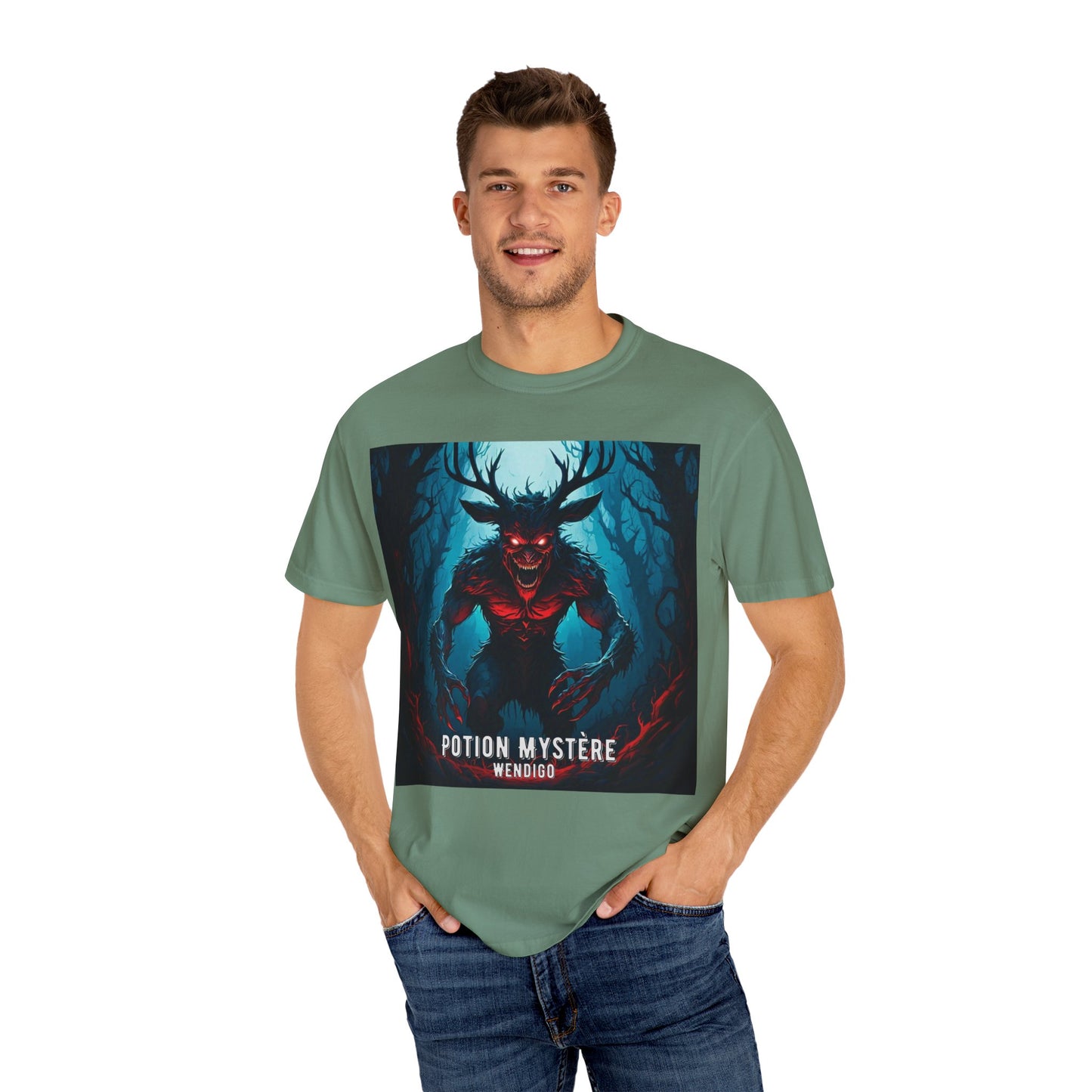 Mystical Wendigo T-Shirt, Unisex Garment-Dyed Tee, Potion Mystère Shirt, Halloween Apparel, Unique Graphic Tee