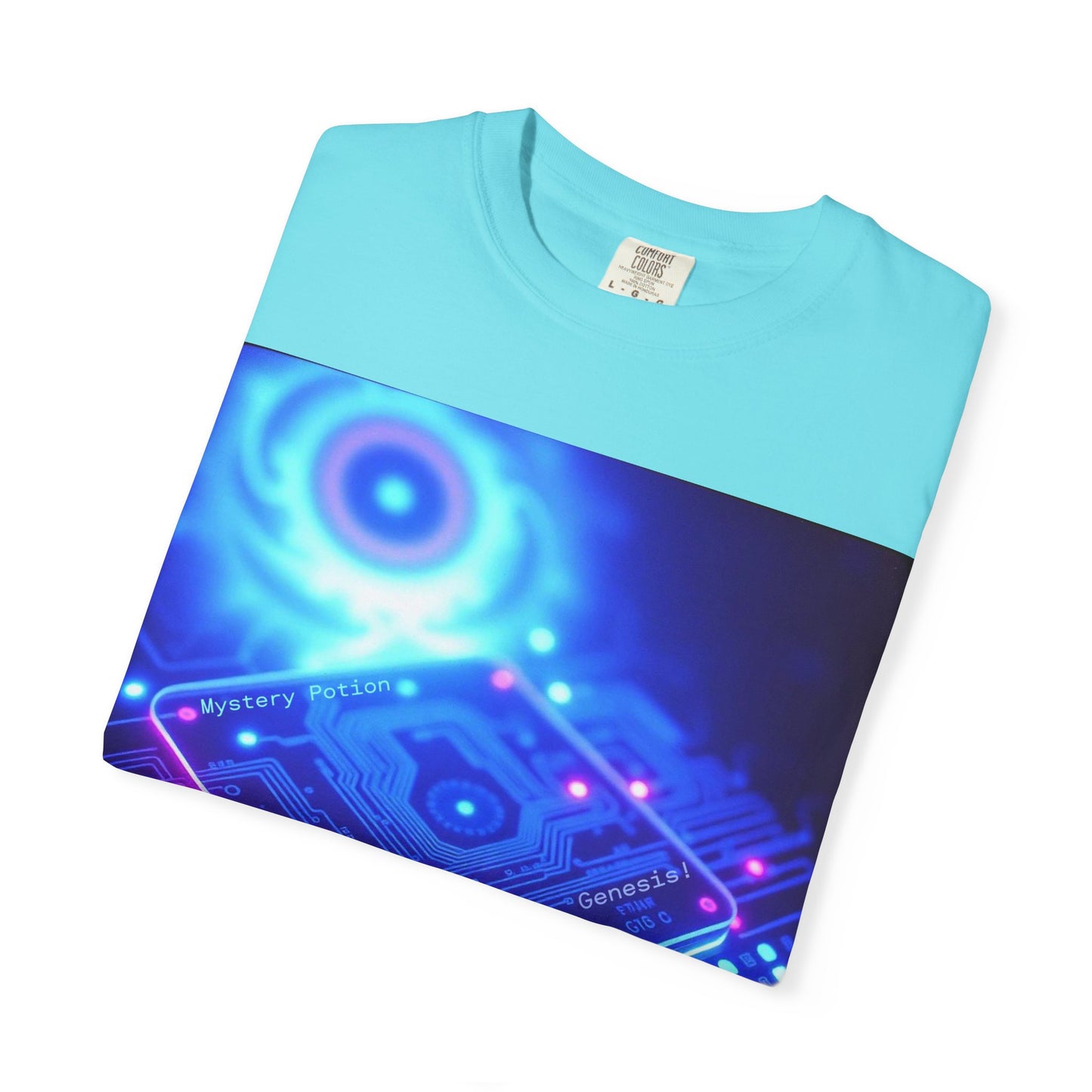 Genesis by Mystery Potion, Tech-Inspired Unisex Garment-Dyed T-Shirt, Unique Gift for Tech Lovers, Festival Wear, Casual Style, Gamer Apparel, Cyberpunk Vibe