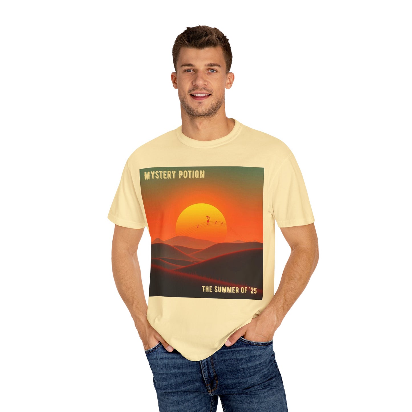 'The Summer of '25'  by Mystery Potion, Mystical Sunset T-Shirt - Unisex Garment-Dyed Tee, Retro Vibe, Bohemian Style, Summer Essential Swag