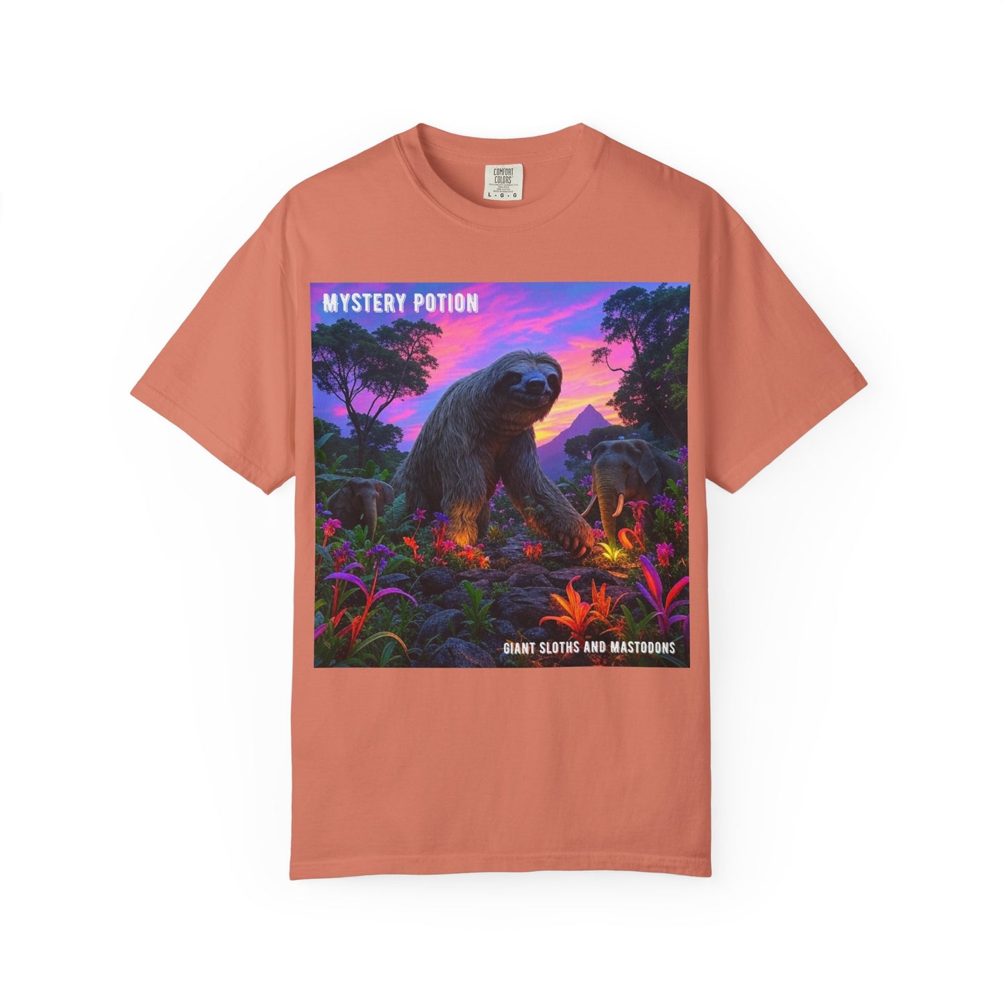 Mystery Potion's Giant Sloths and Mastodons Graphic T-Shirt | Unisex Garment-Dyed Tee for Nature Lovers, Unique Gift, Festival Wear, Prehistoric Design