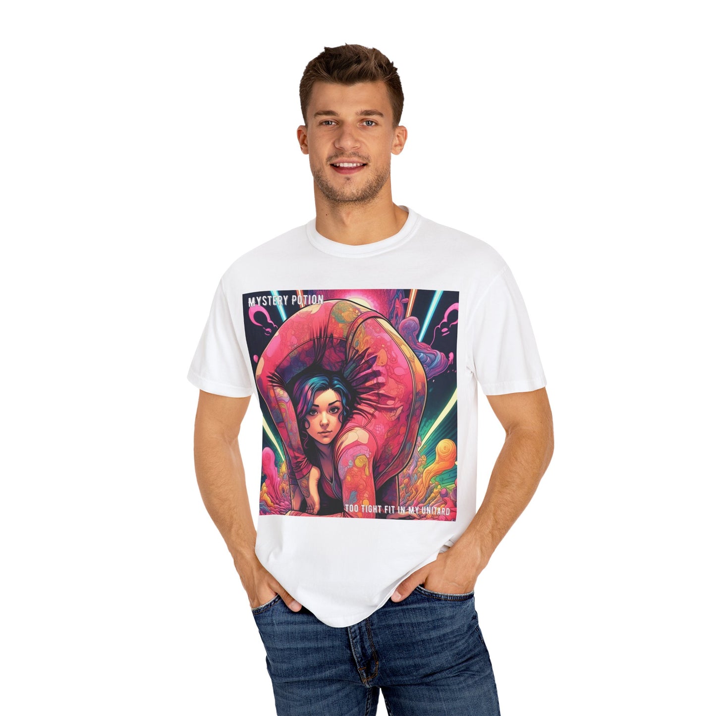 Mystery Potion Extreme Yoga Pose Unisex Garment-Dyed T-shirt, Artistic Tee, Vibrant Graphic Shirt, Unique Gift, Festival Wear, Comfortable Casual Top