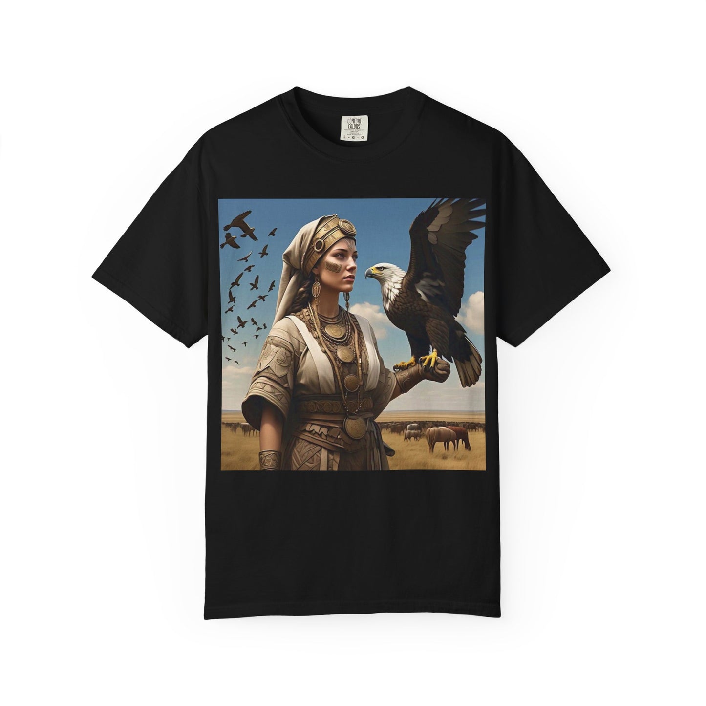 Empowered Eagle and Scythian Woman T-Shirt, Unisex Garment-Dyed Tee, Nature Lover Shirt, Gift for Bird Enthusiasts, Unique Graphic Tee